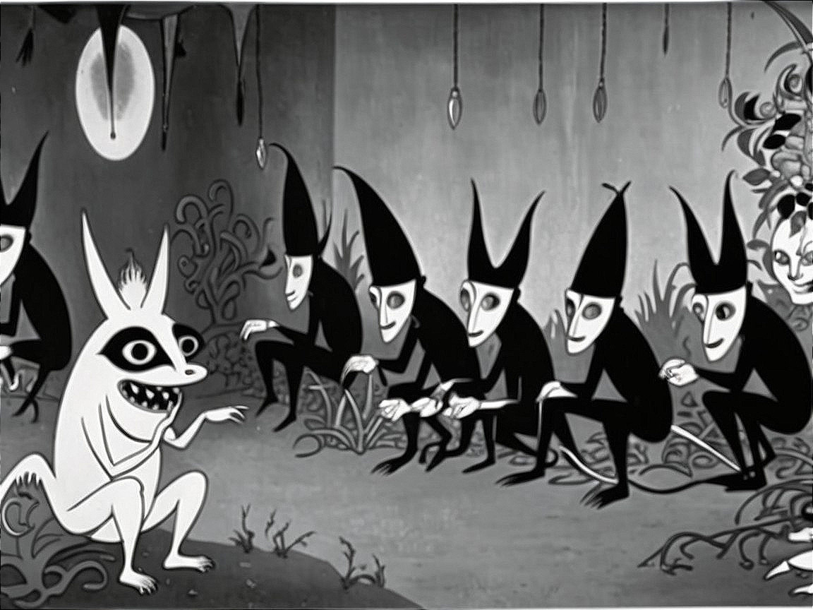 Stylized Black-and-White Scene with Whimsical Creatures