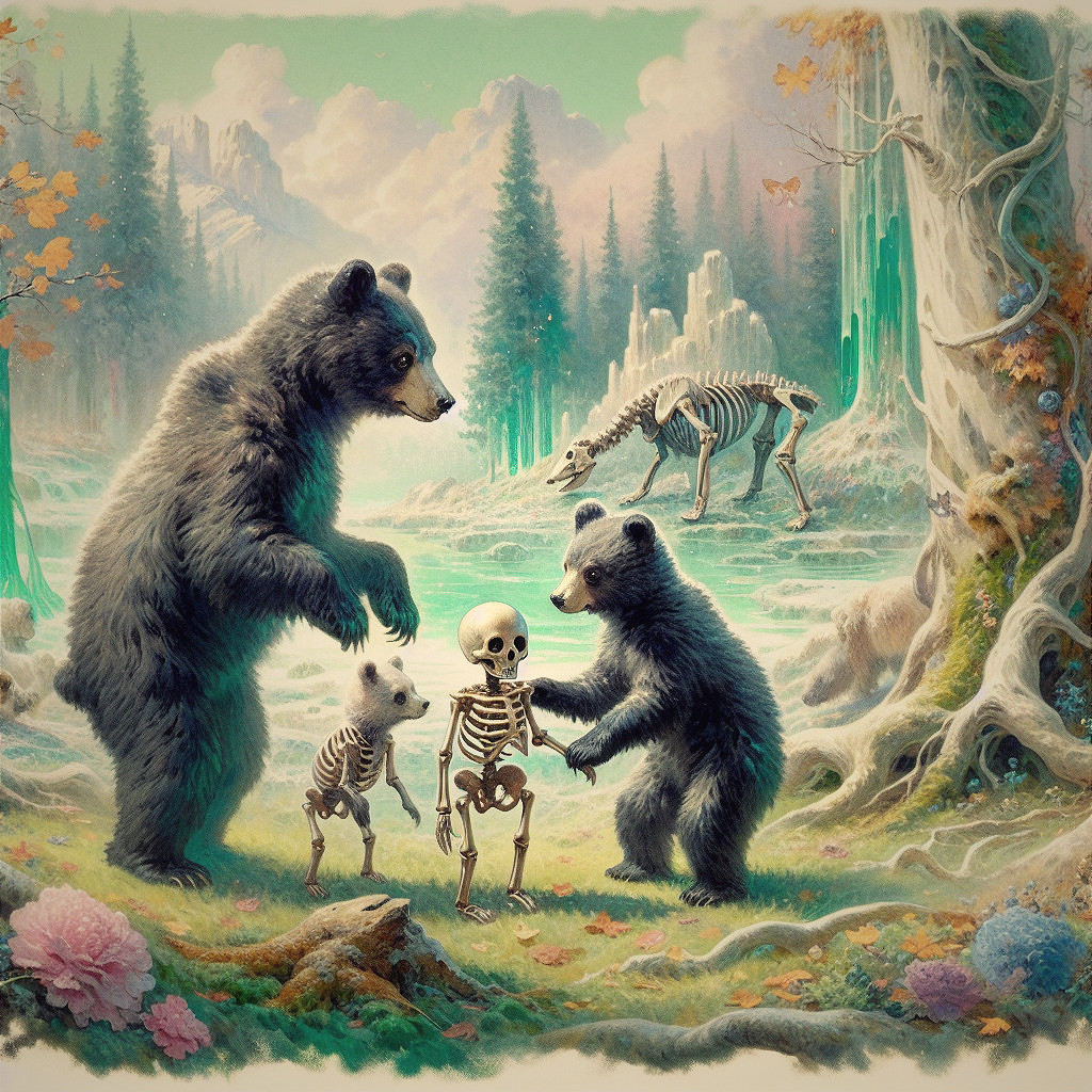 Bears Interacting with Skeleton in a Colorful Forest
