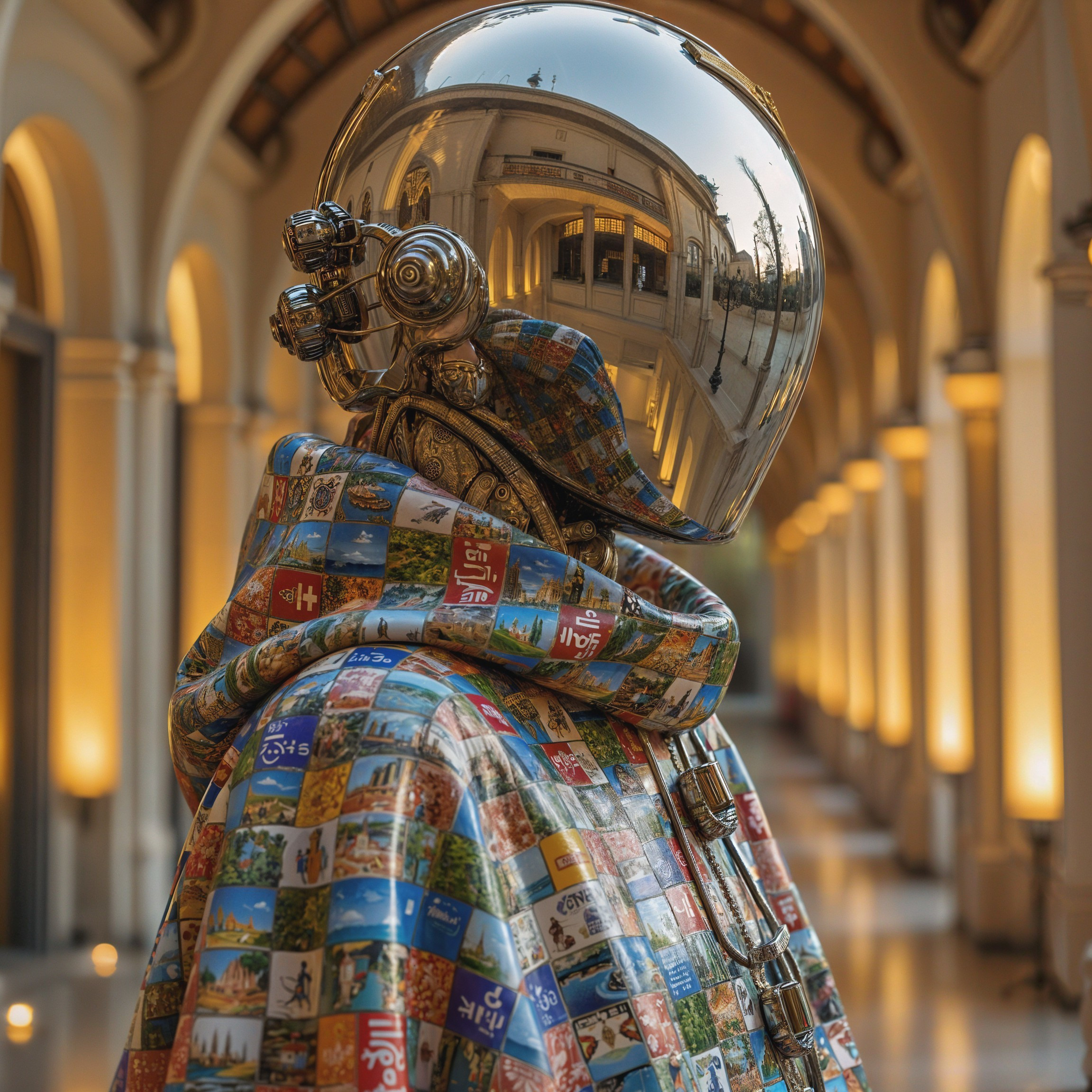 Humanoid Figure in Vibrant Cloak in Arched Corridor