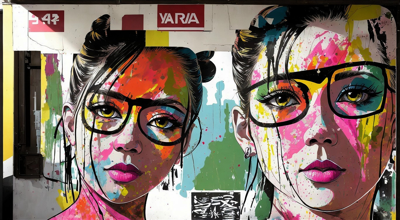 Vibrant Urban Mural of Two Female Faces in Bold Colors
