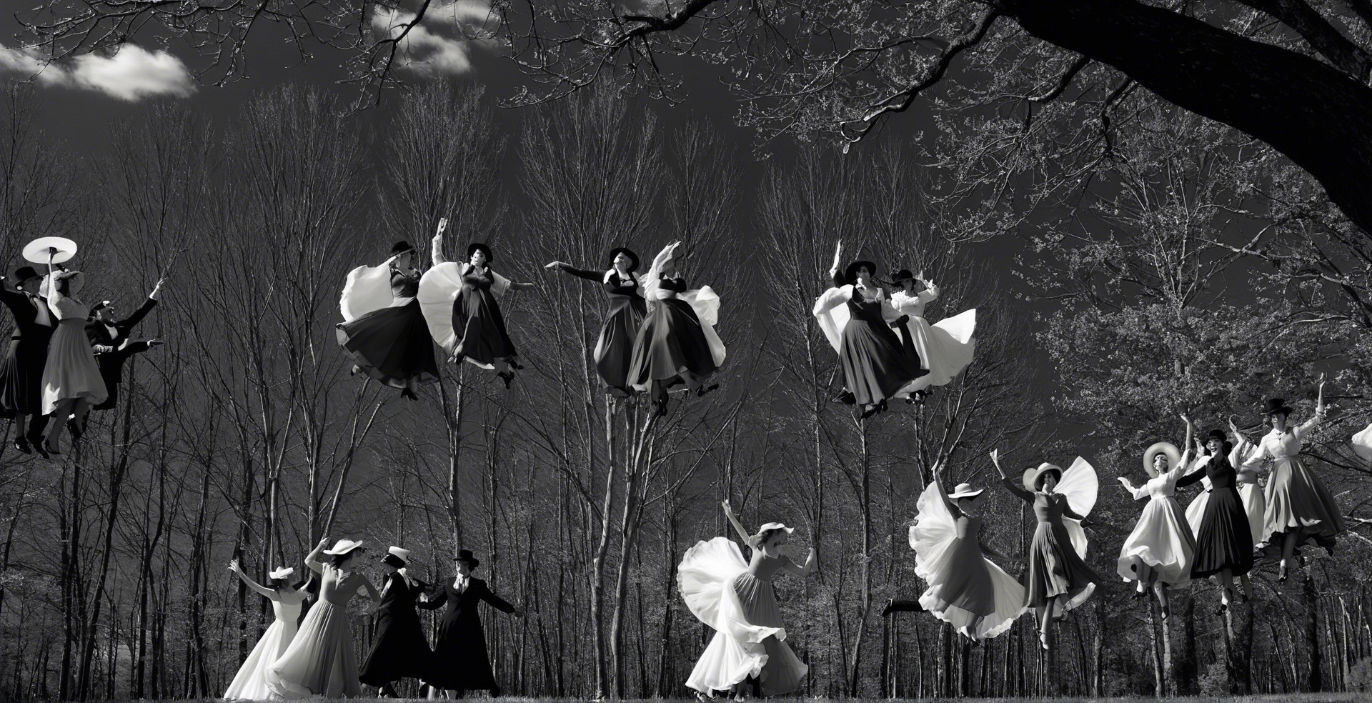 Black-and-white image of dancers leaping among trees