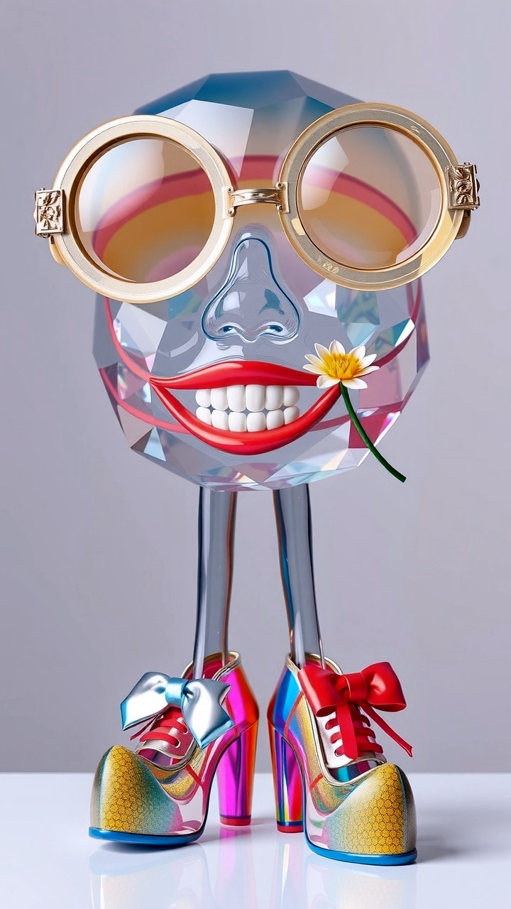 Whimsical Crystal Skull Sculpture with Fashion Elements