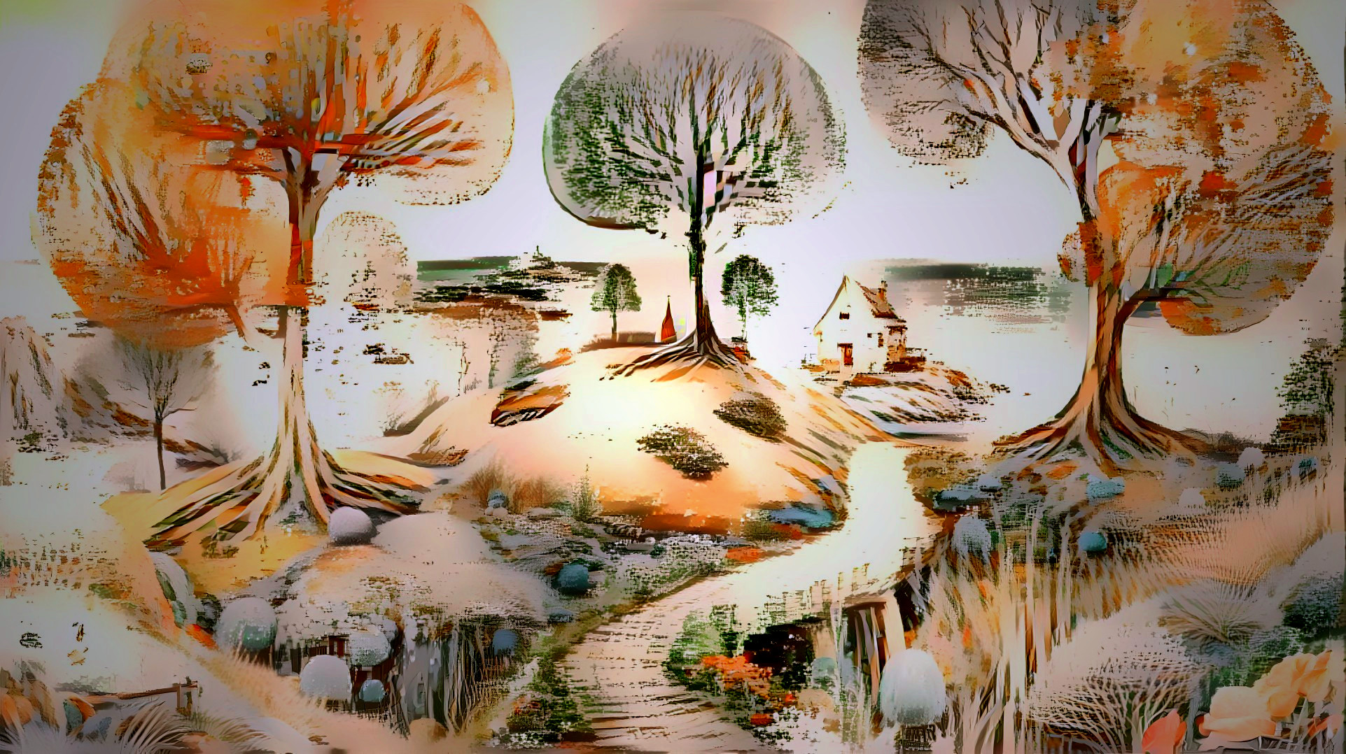 Whimsical Landscape with Colorful Hills and House