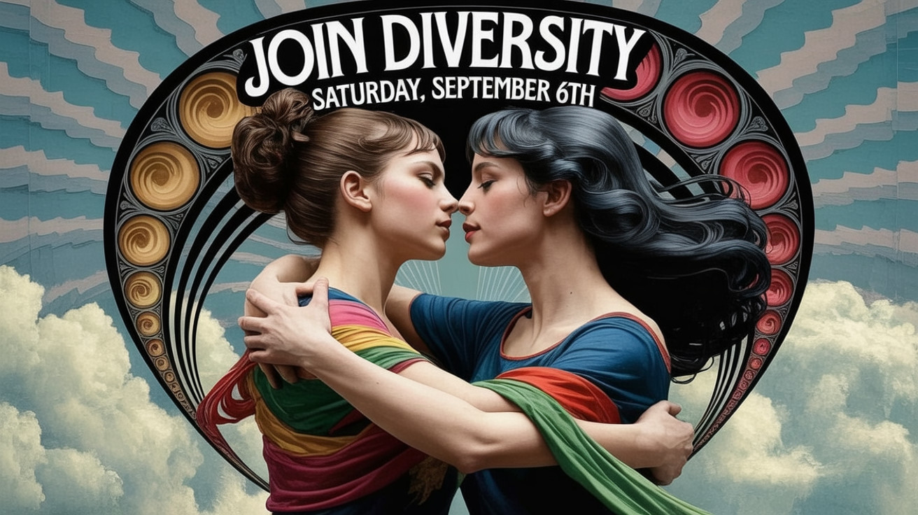Women Embracing in Colorful Attire with Dynamic Backdrop