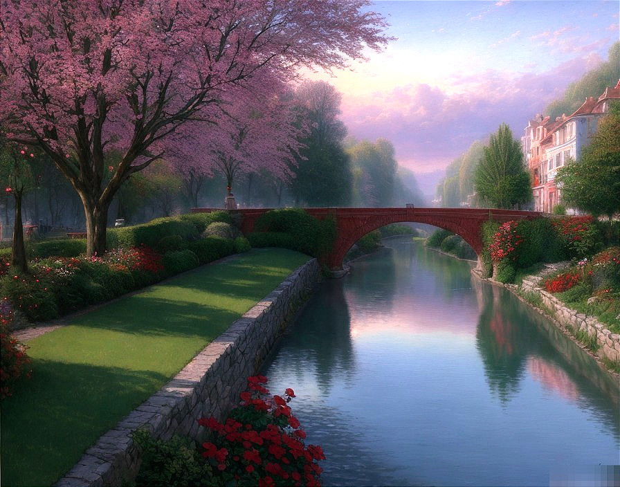 Serene canal landscape with cherry blossoms and bridge