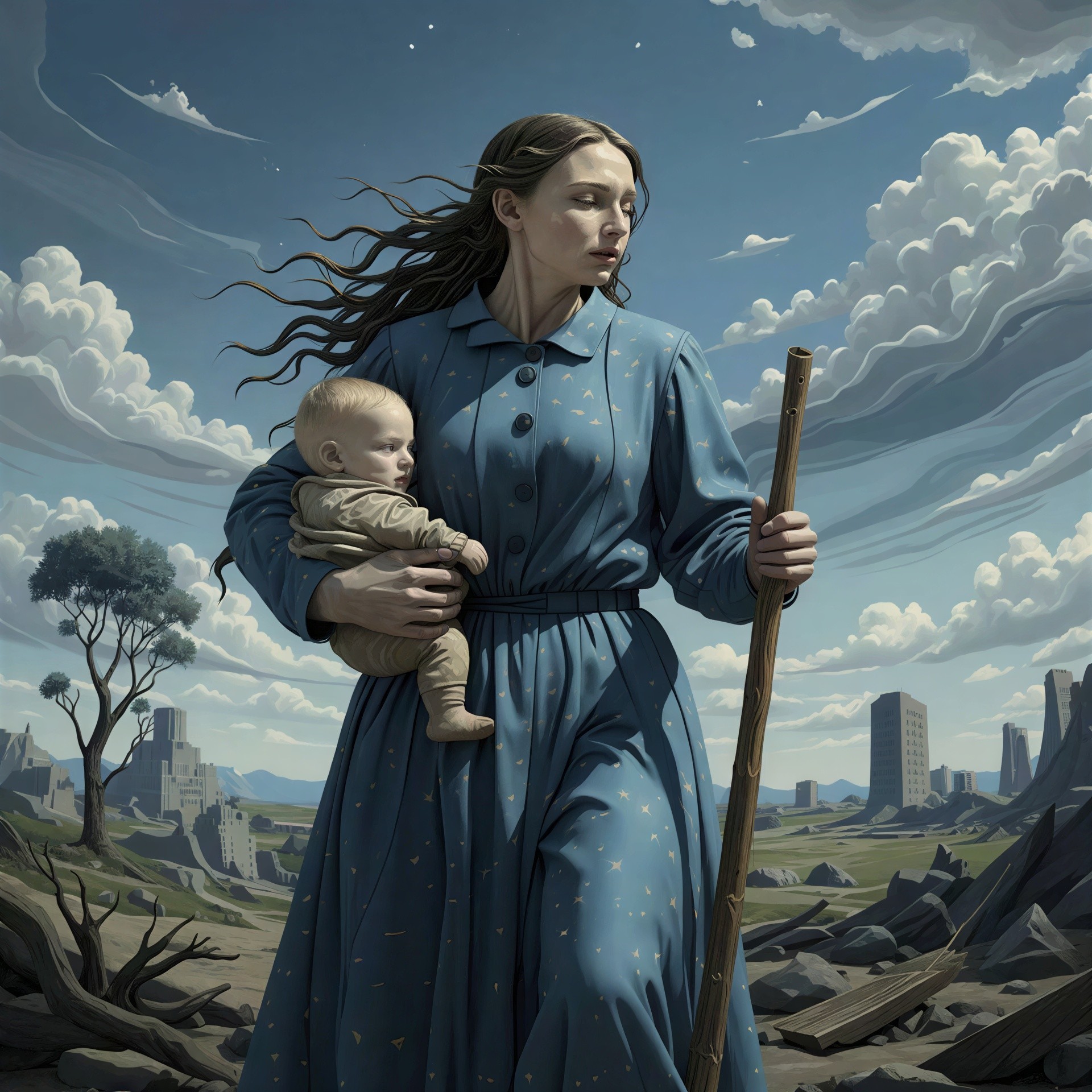 Woman in Blue Dress with Baby in Desolate Landscape