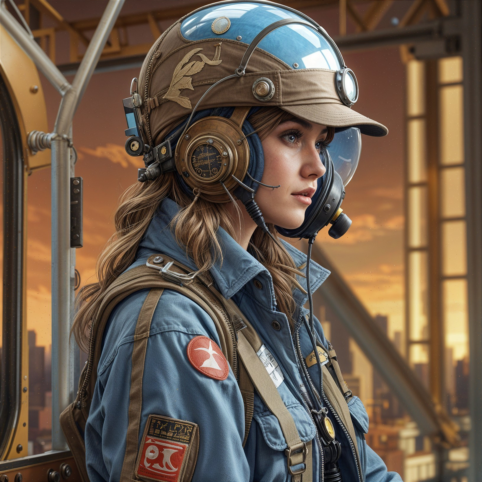 Young woman in vintage aviator gear against cityscape