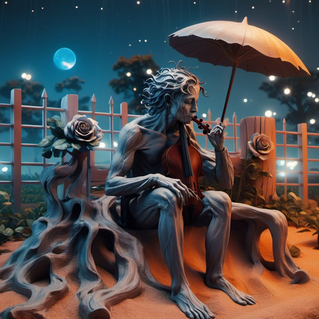 Surreal Scene of Humanoid Figure Playing Violin at Night