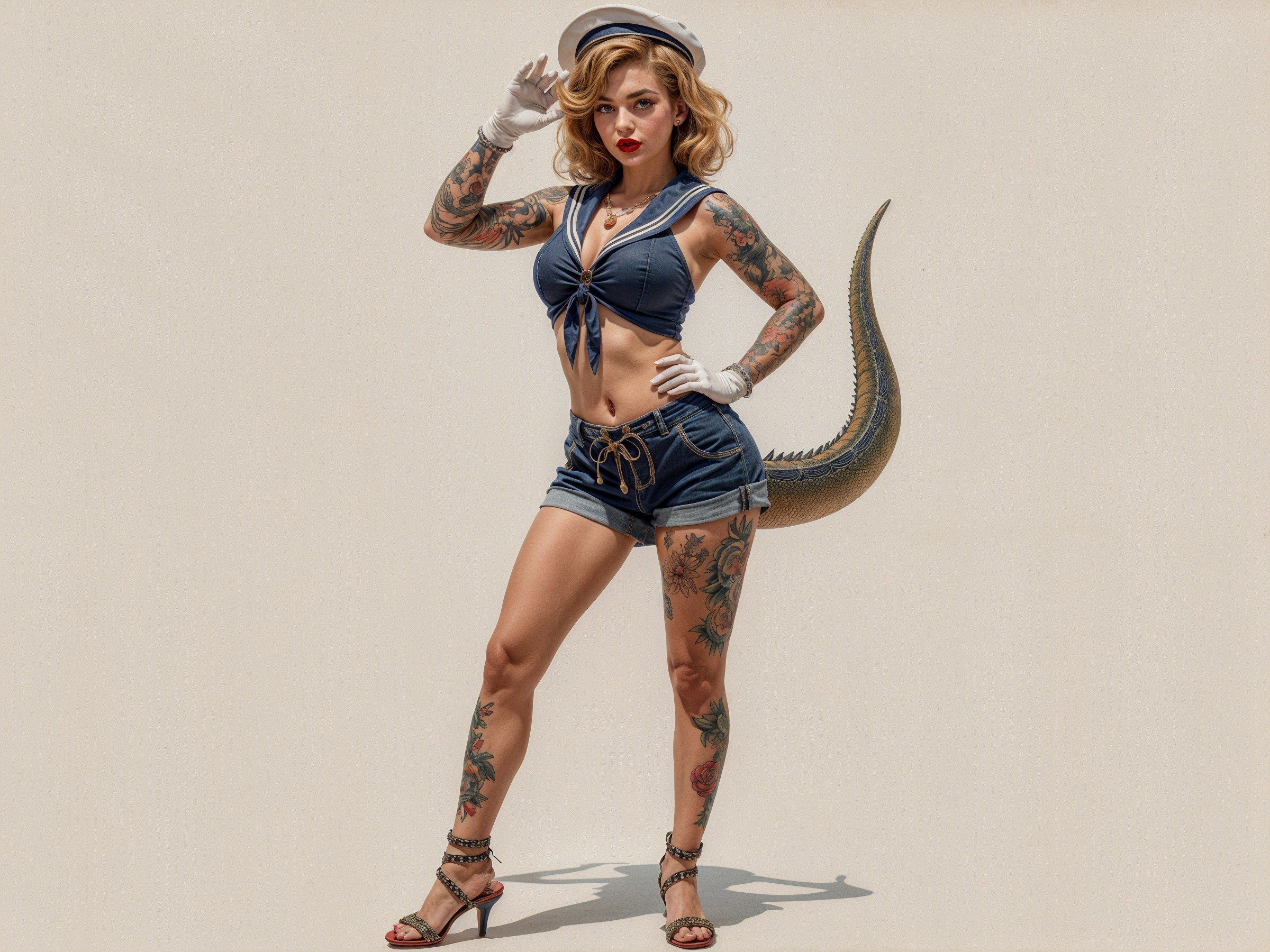 Navy-Themed Outfit with Tattoos and Whimsical Tail