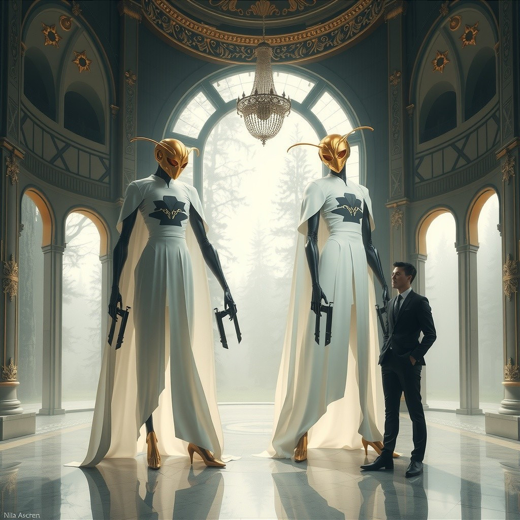 Robotic Figures and Human in Opulent Hall Setting