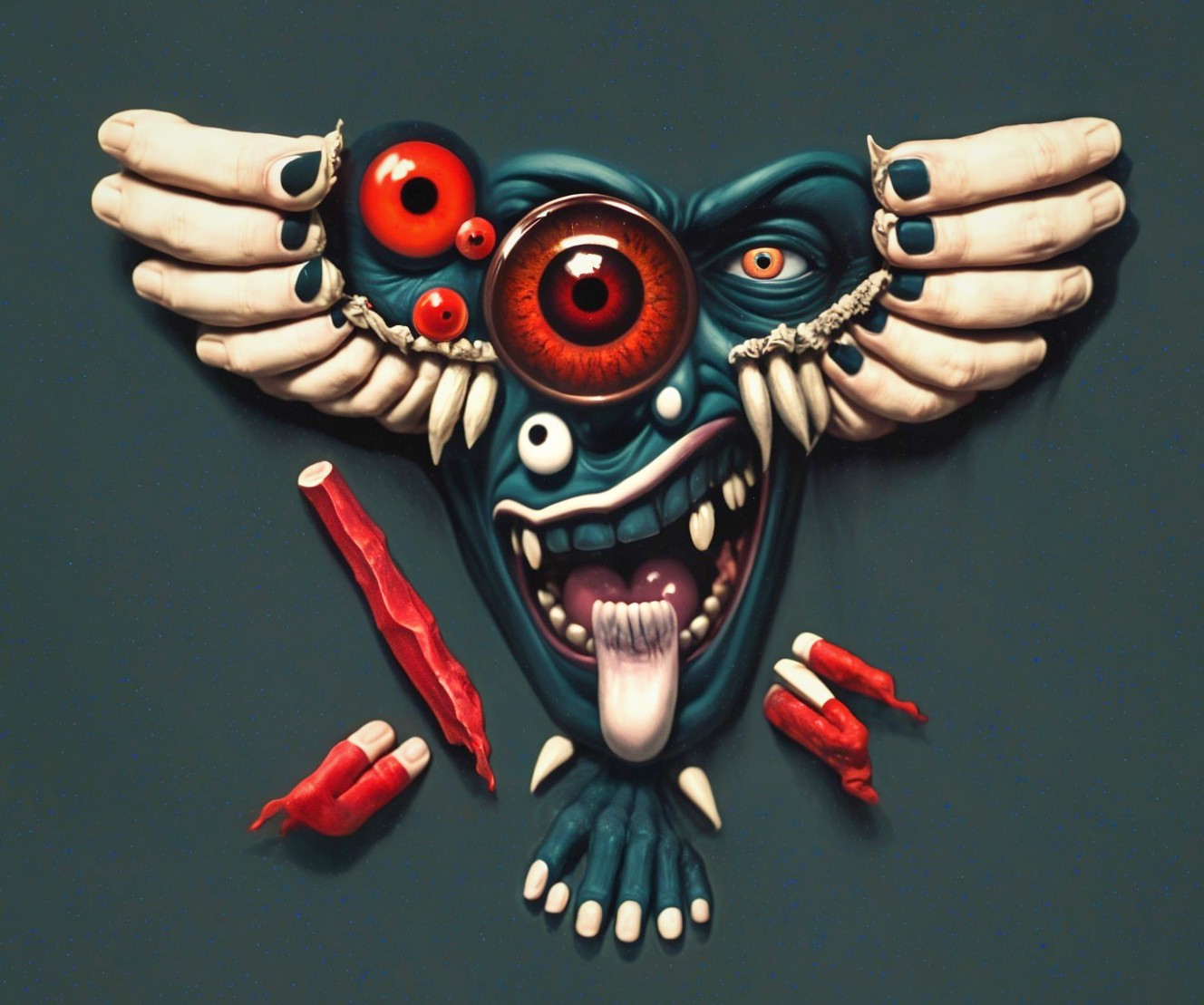 Surreal Creature with Large Eye and Claw-like Hands
