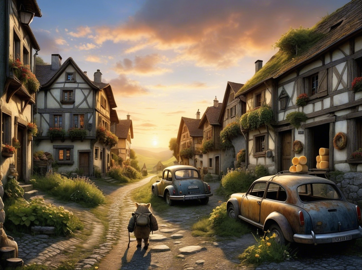 Quaint village at sunset with charming houses and animals