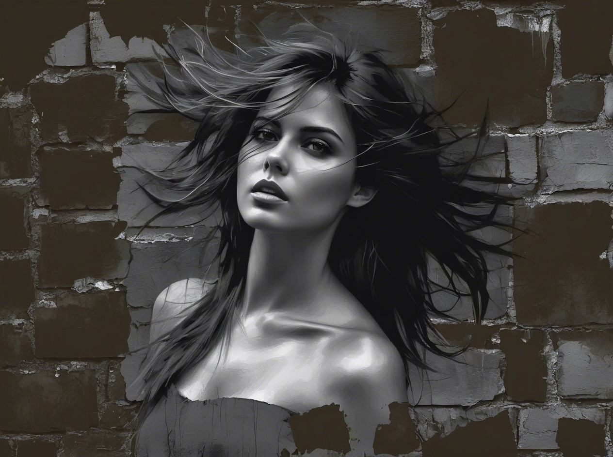 Portrait of a Woman with Flowing Hair Against Brick Wall