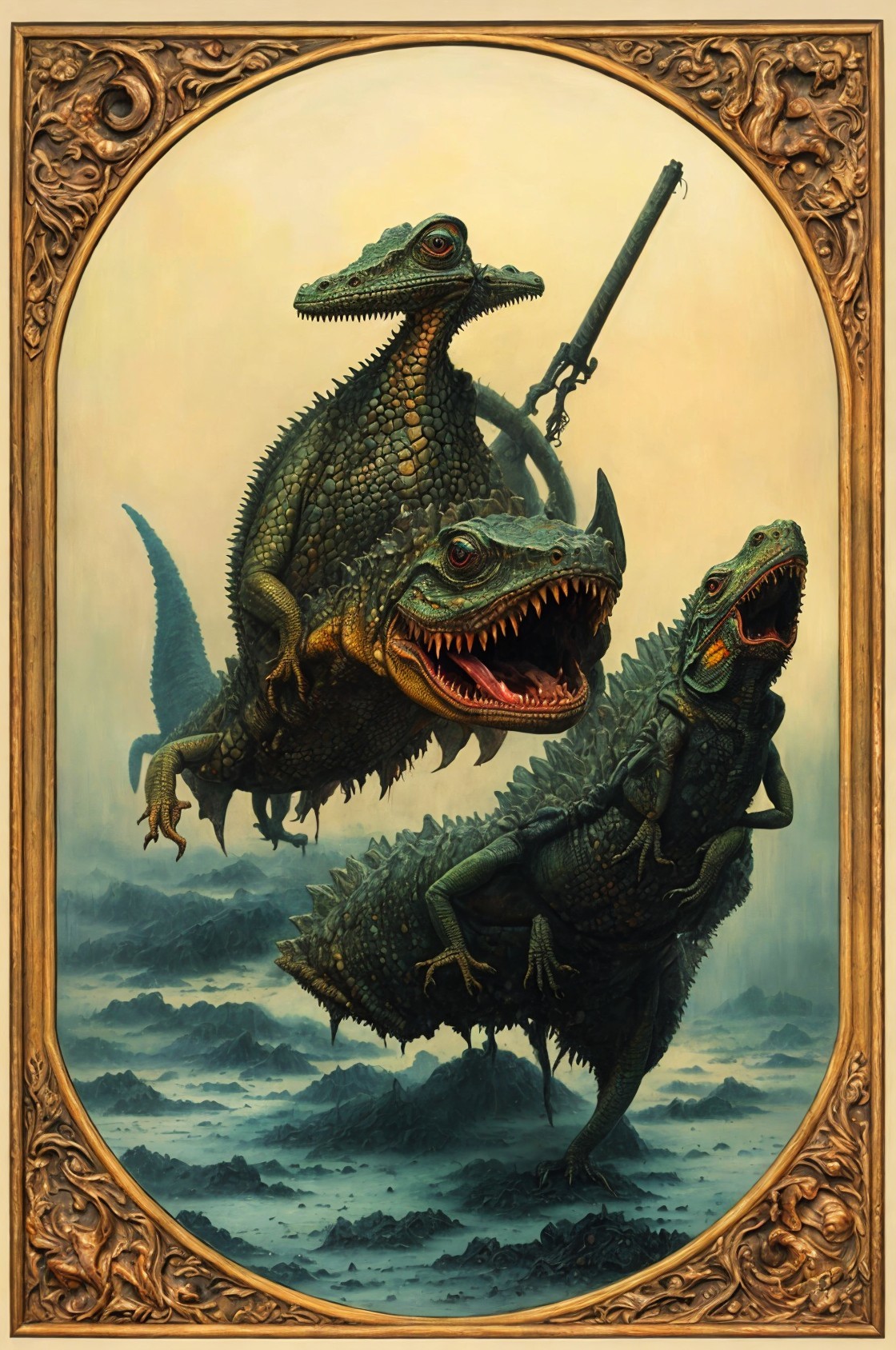 Dinosaur-like Creatures in an Otherworldly Landscape
