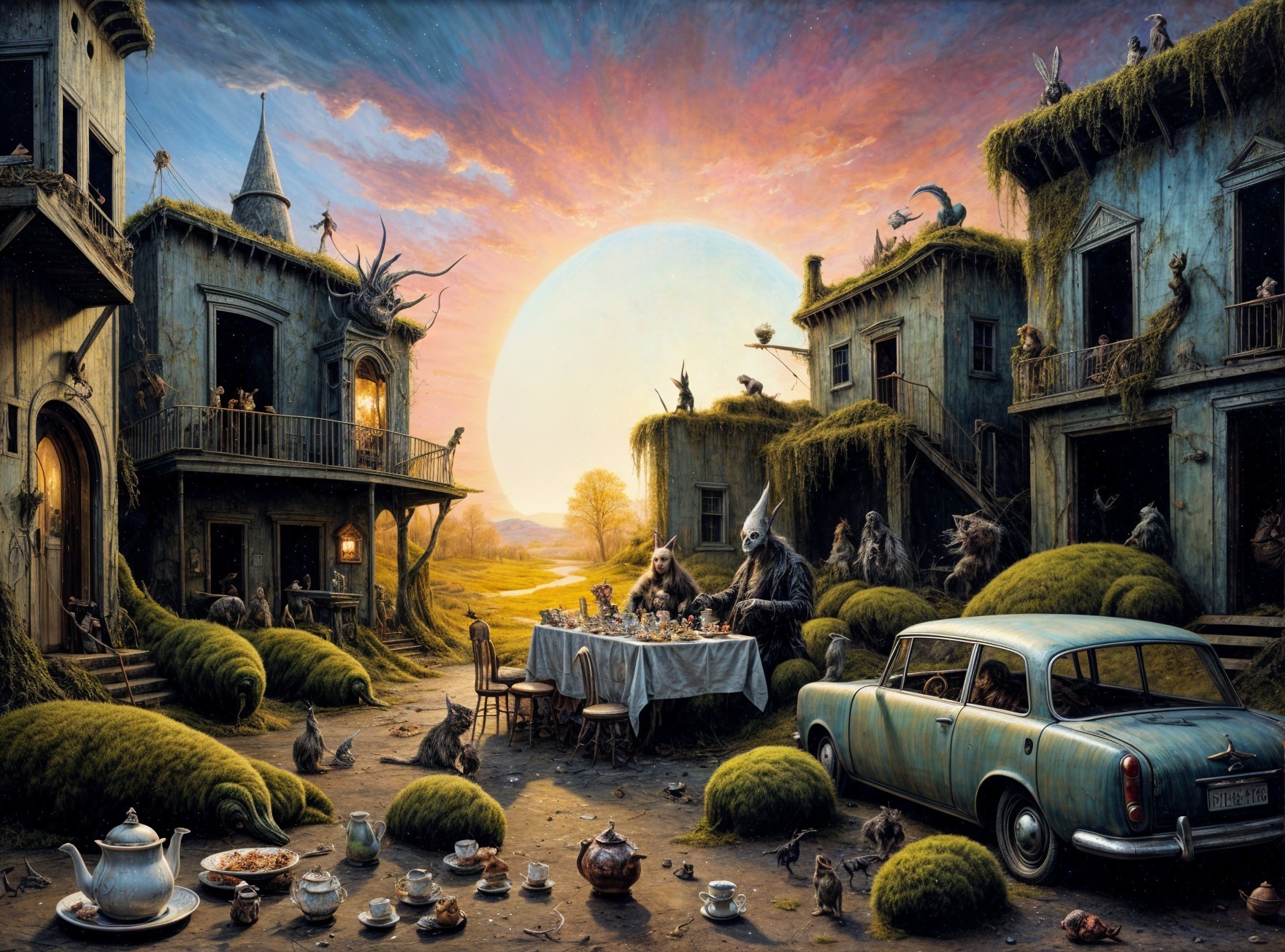 Surreal Gathering of Animals in a Dilapidated Setting