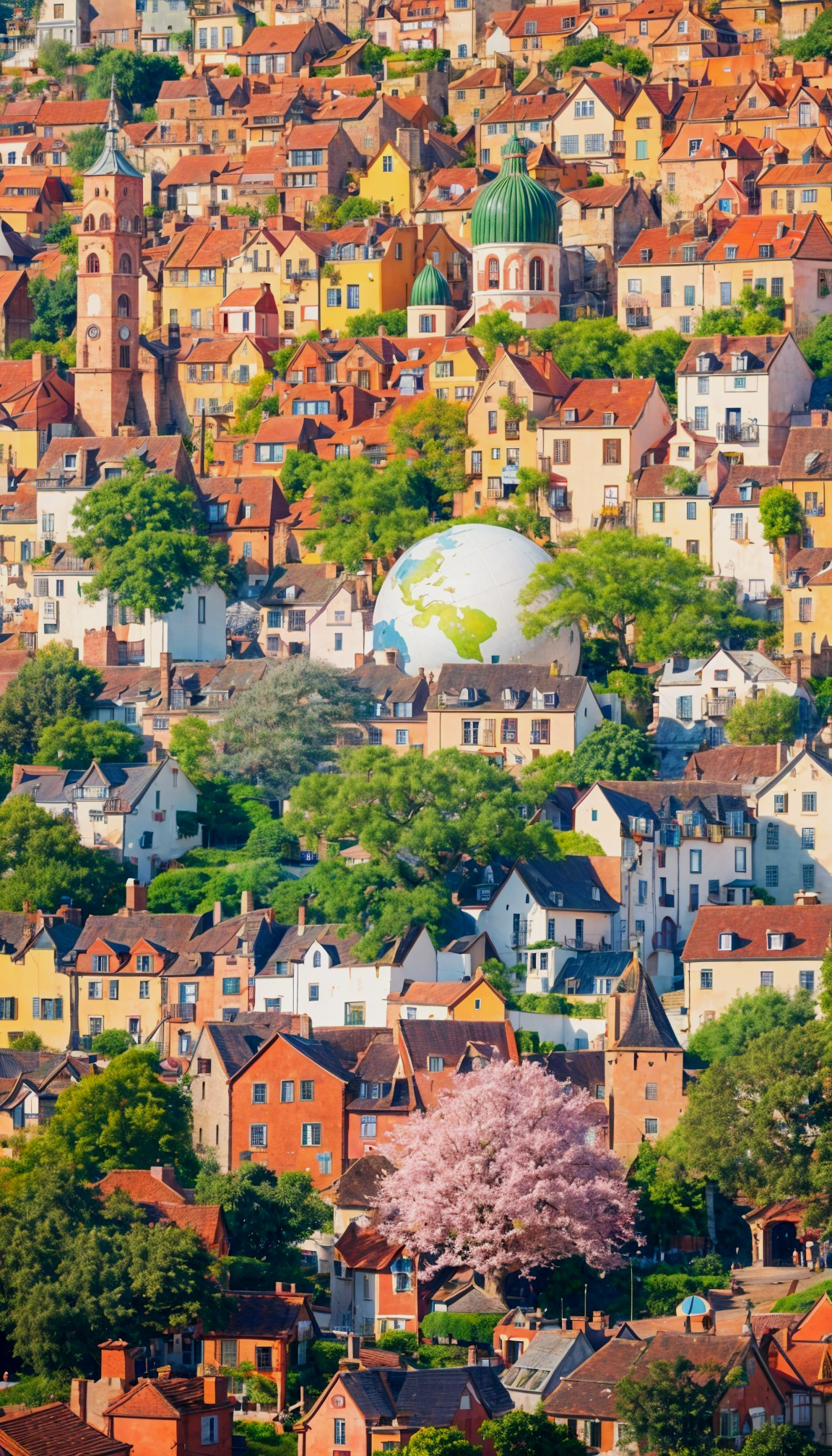 Vibrant hillside town with colorful houses and globe