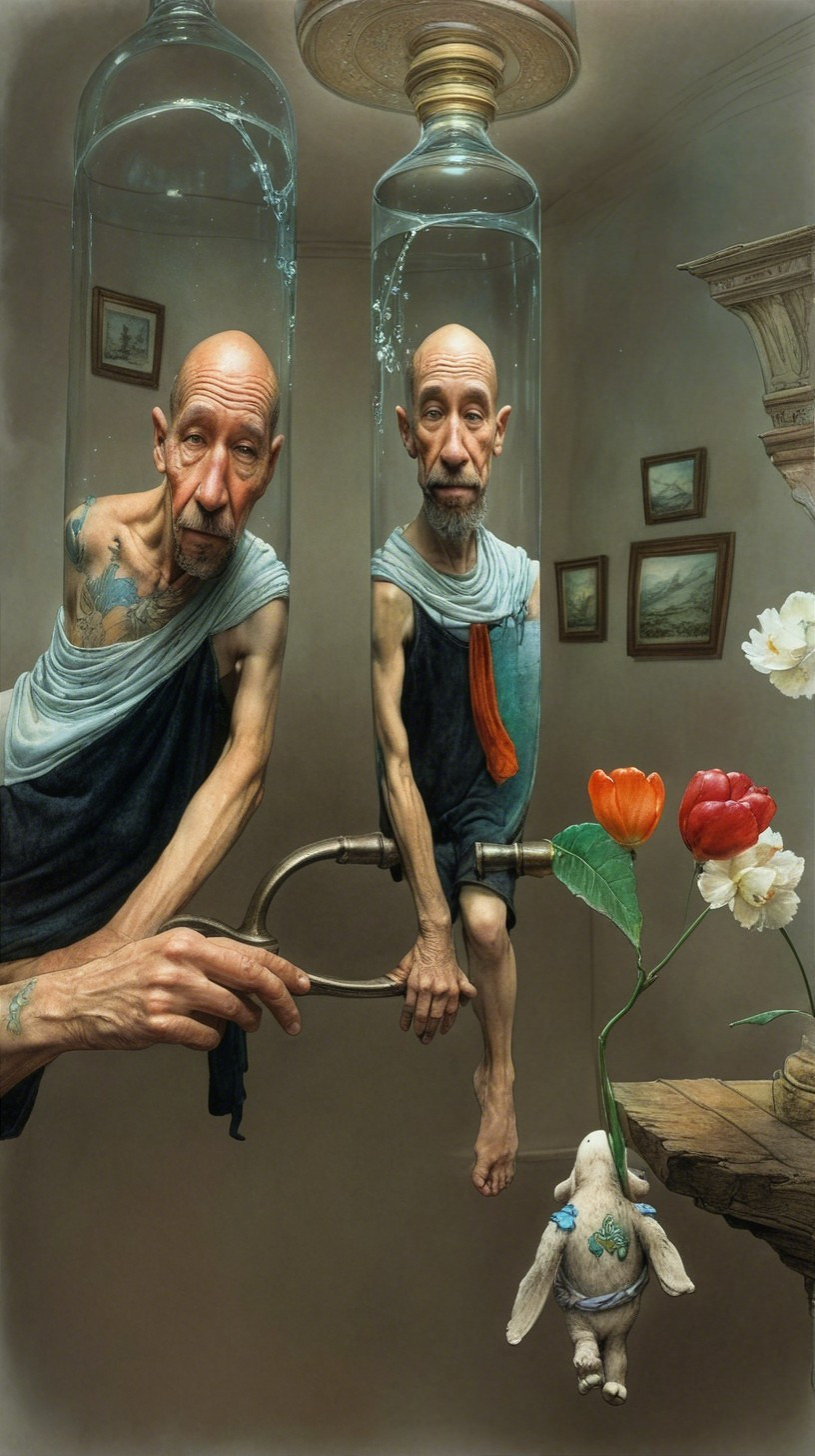 Surreal Figures in Glass Bottles in Distorted Room