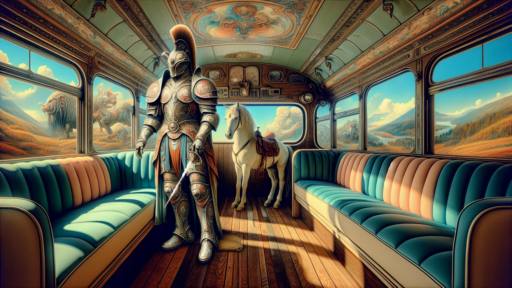 Knight and Horse in a Fantastical Bus Interior