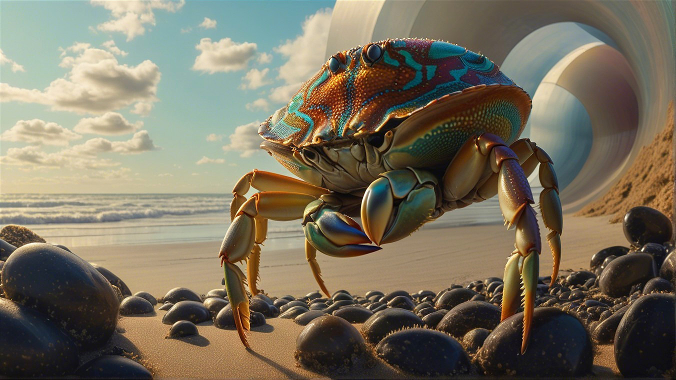 Vibrant Crab on Sandy Beach with Black Pebbles