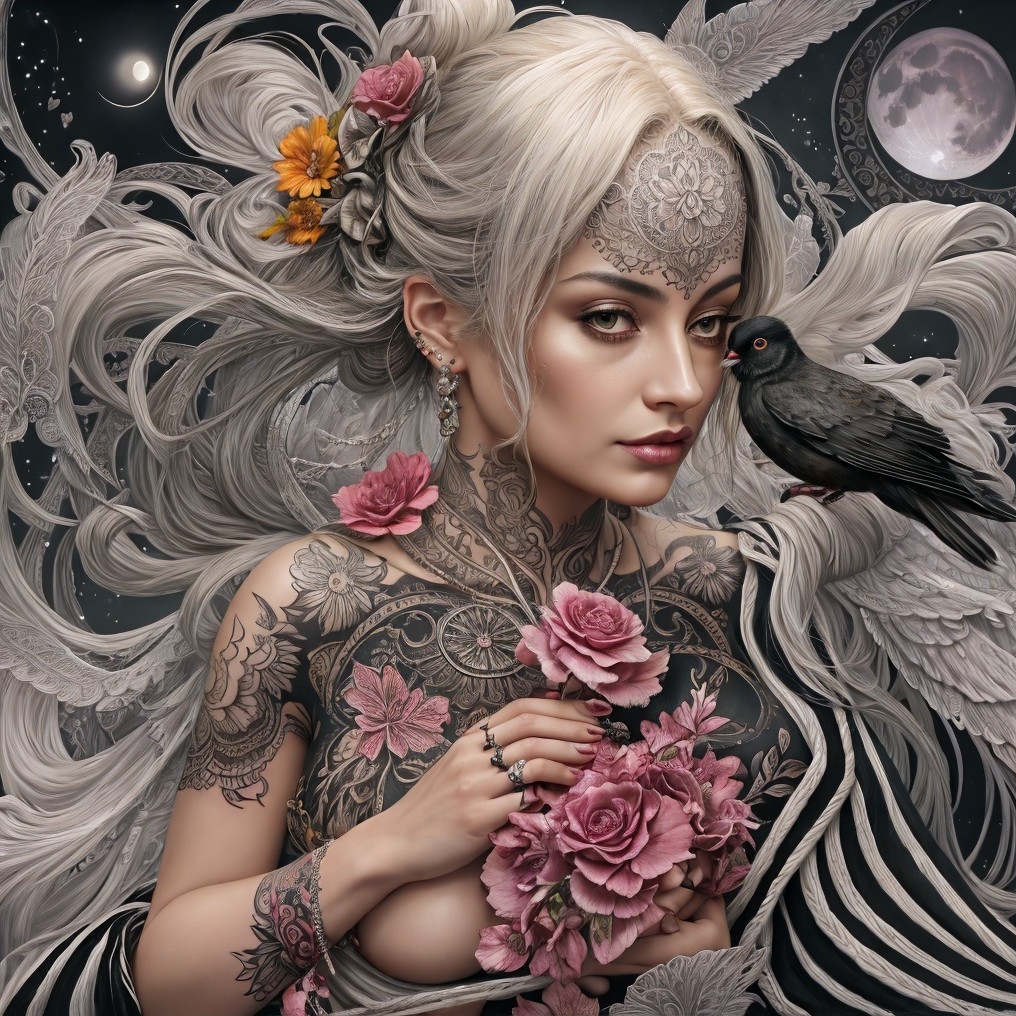 Portrait of a Woman with Tattoos and Flowers