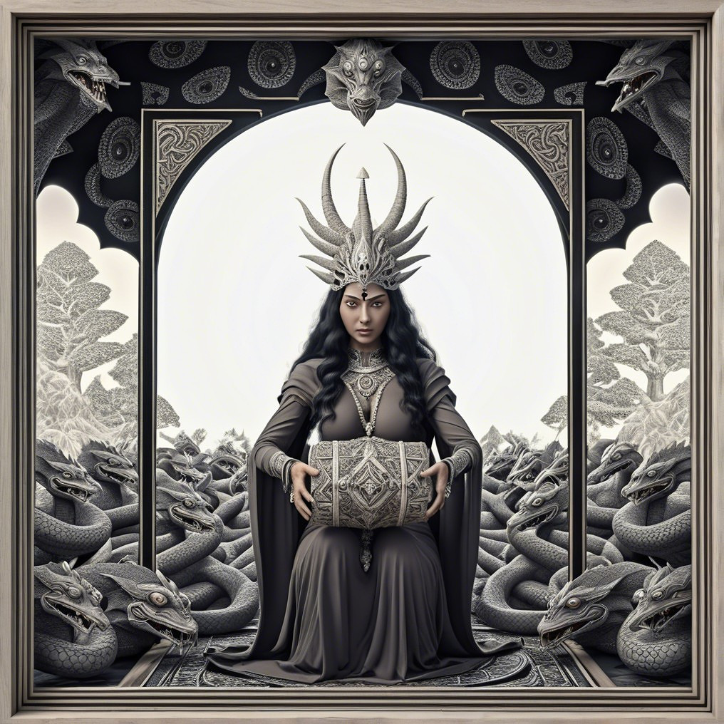 Mystical Figure with Horned Crown in Surreal Setting