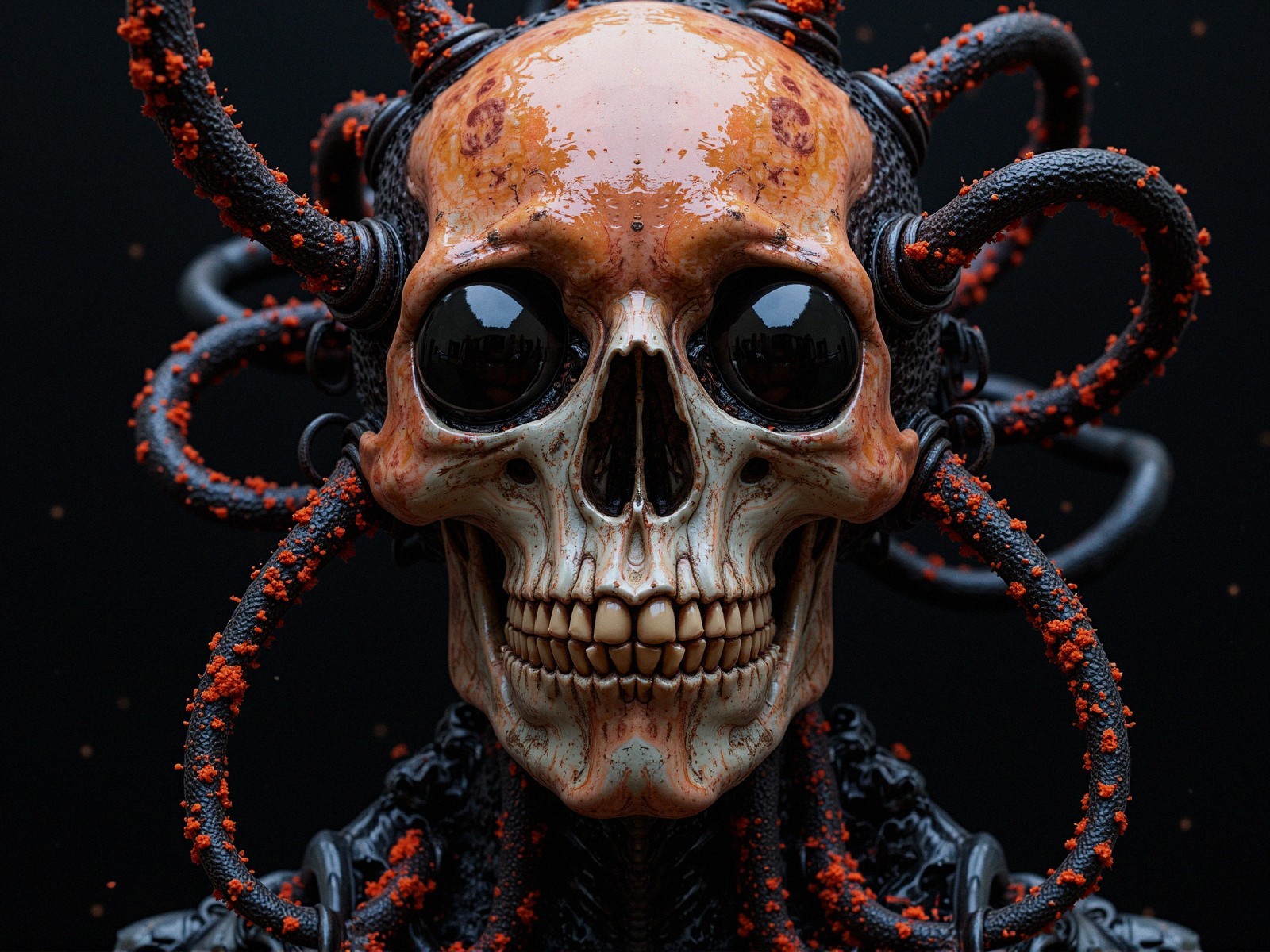 Hyper-realistic skull with tentacle-like structures