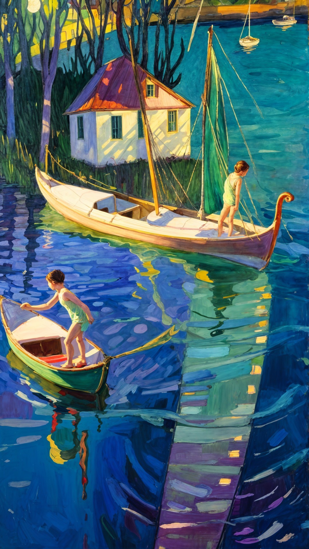 Children Playing by a Tranquil Lake at Dusk