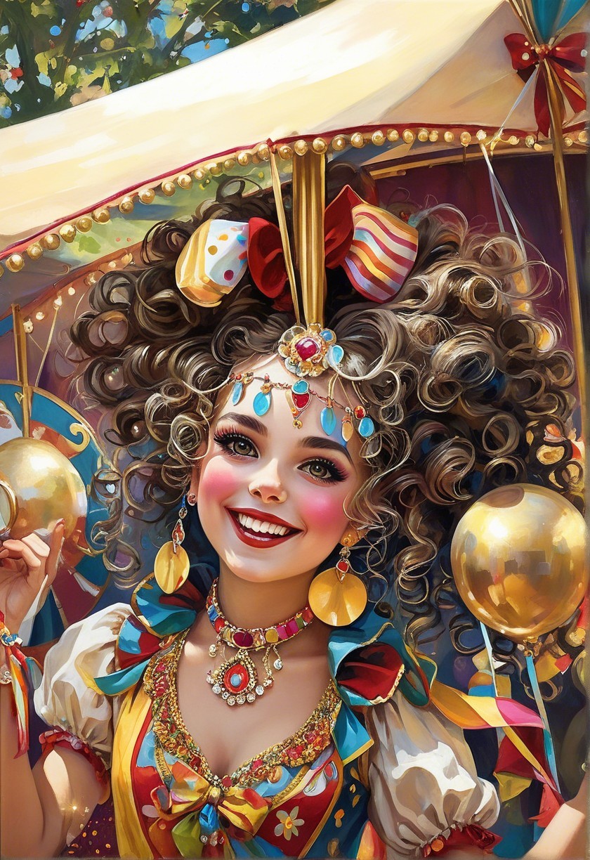 Joyful girl in festive carnival outfit with vibrant hair