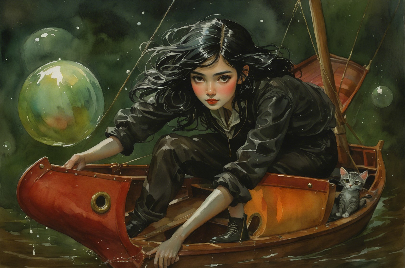 Young girl in boat with cat on whimsical waterway