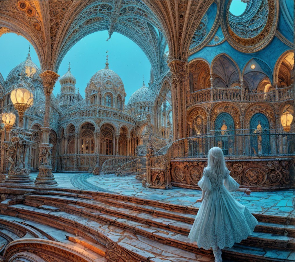 Young girl in white dress in ornate chamber setting