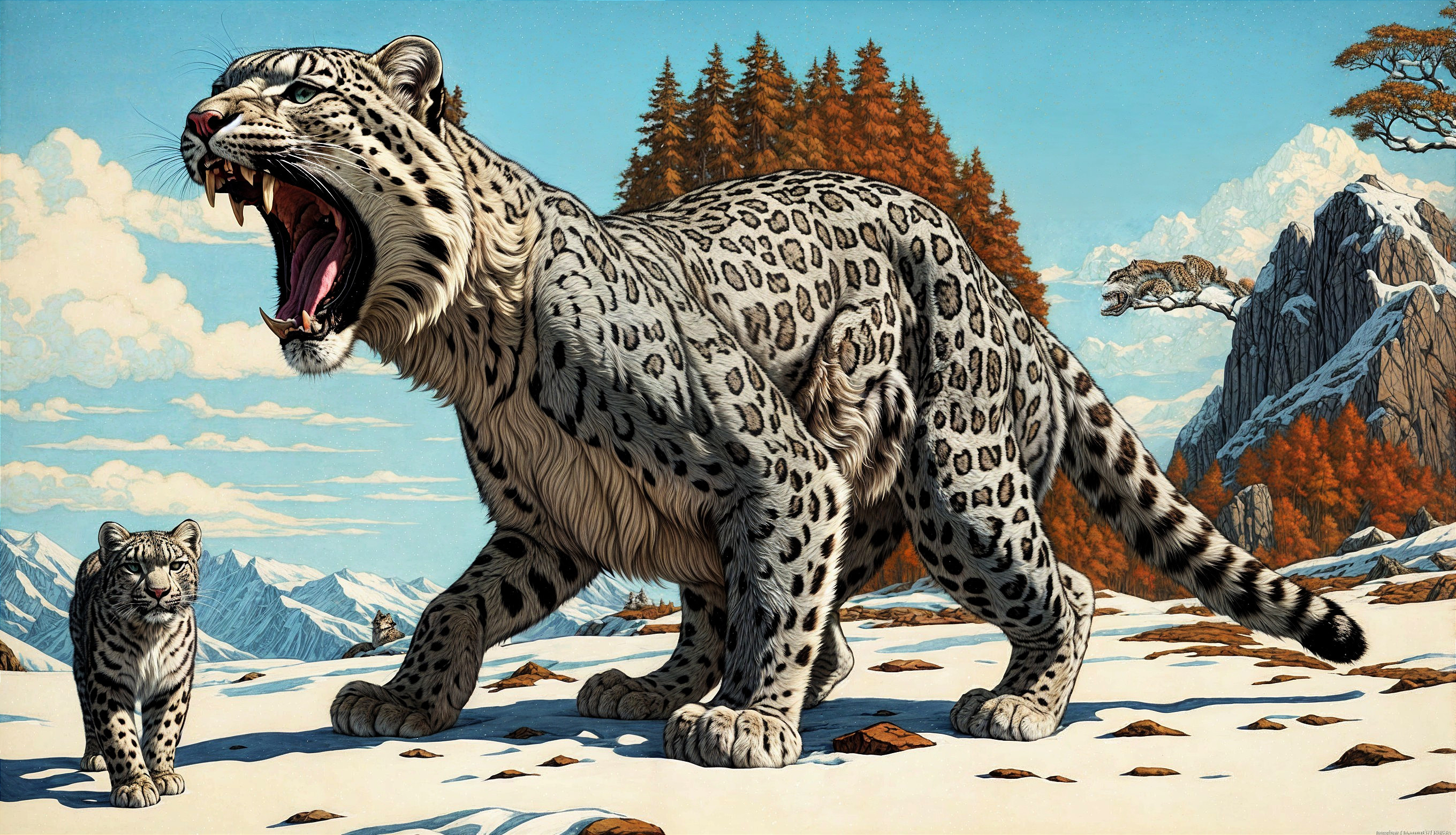 Snow Leopards in Snowy Mountain Landscape with Pine Trees