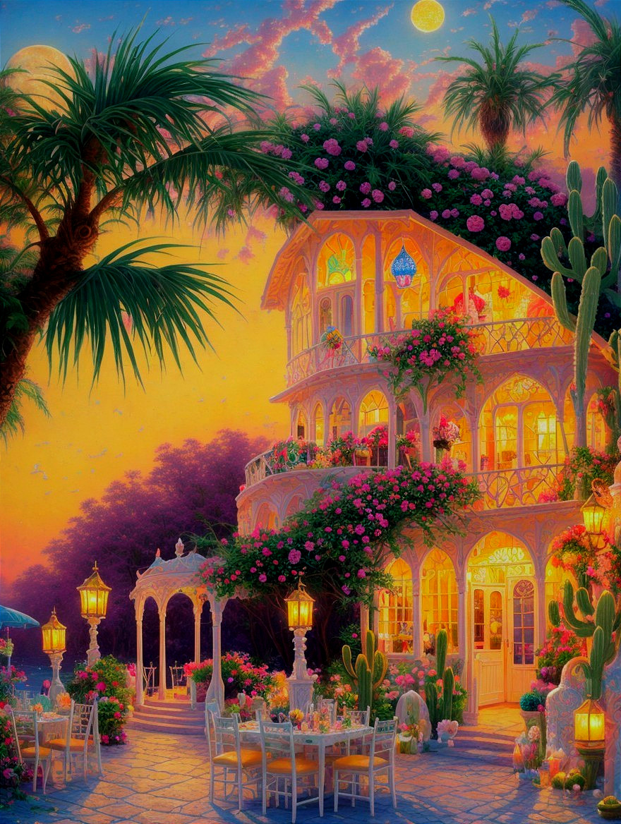 Ornate villa with vibrant flowers at sunset