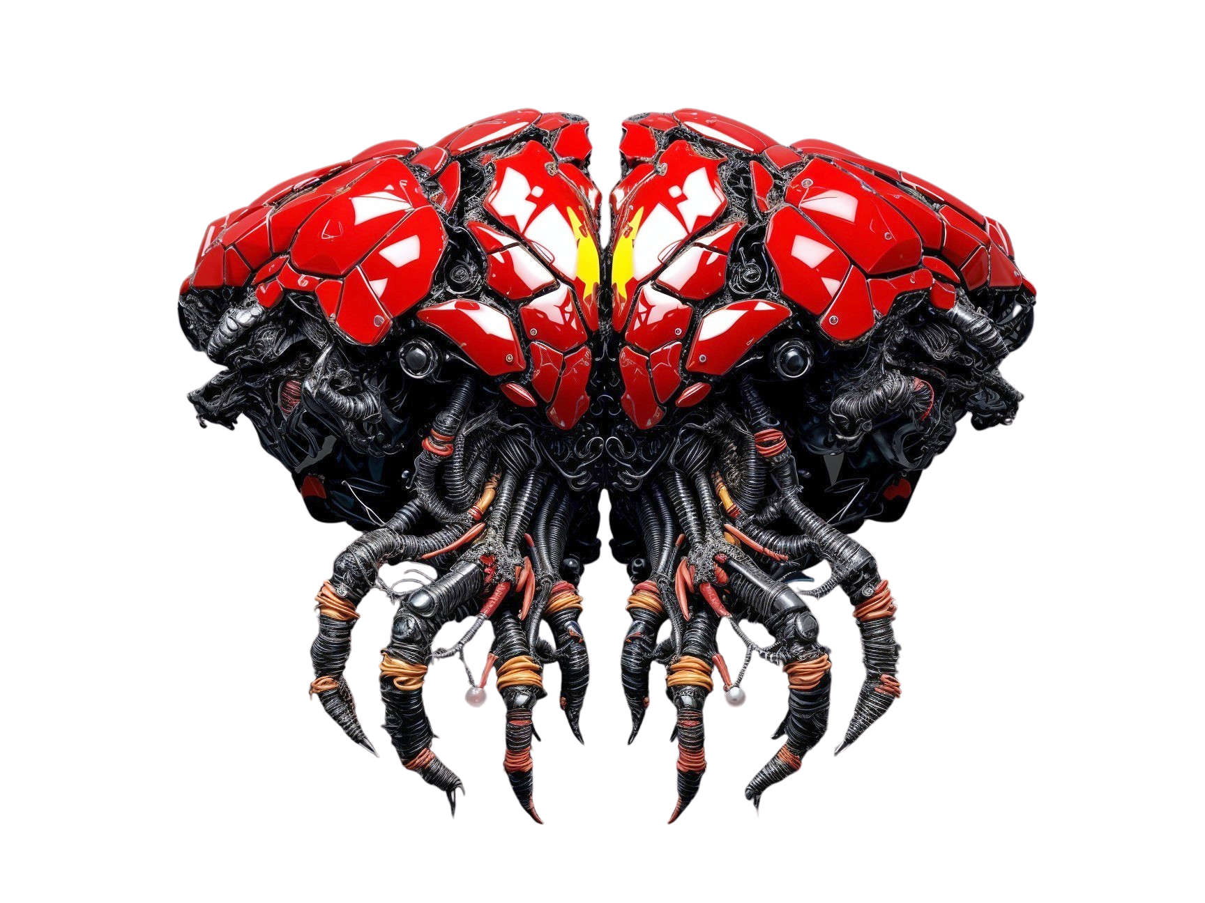 Mechanical Hybrid Creature with Red Armor and Tentacles