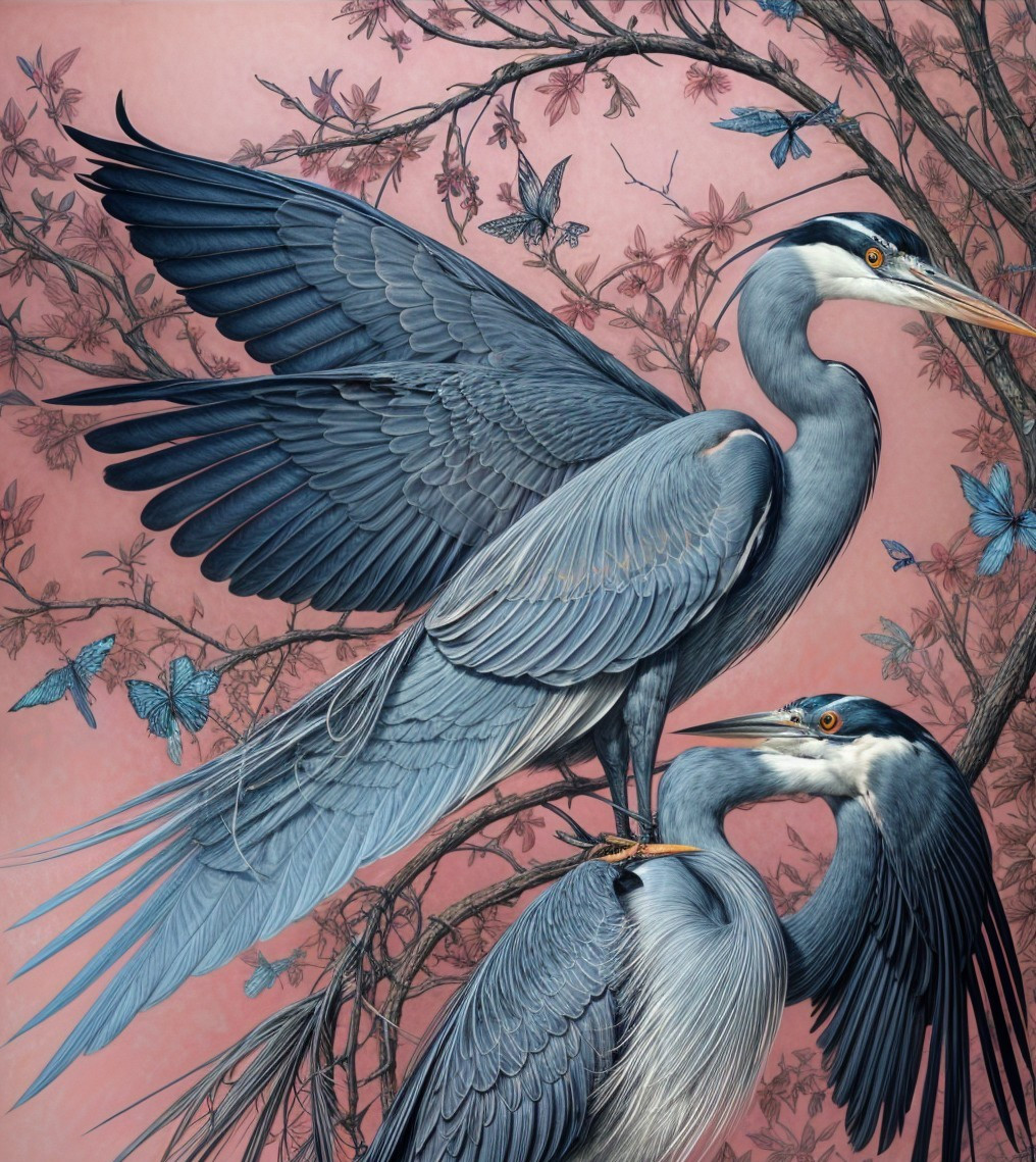 Elegant Herons with Butterflies on a Soft Pink Background