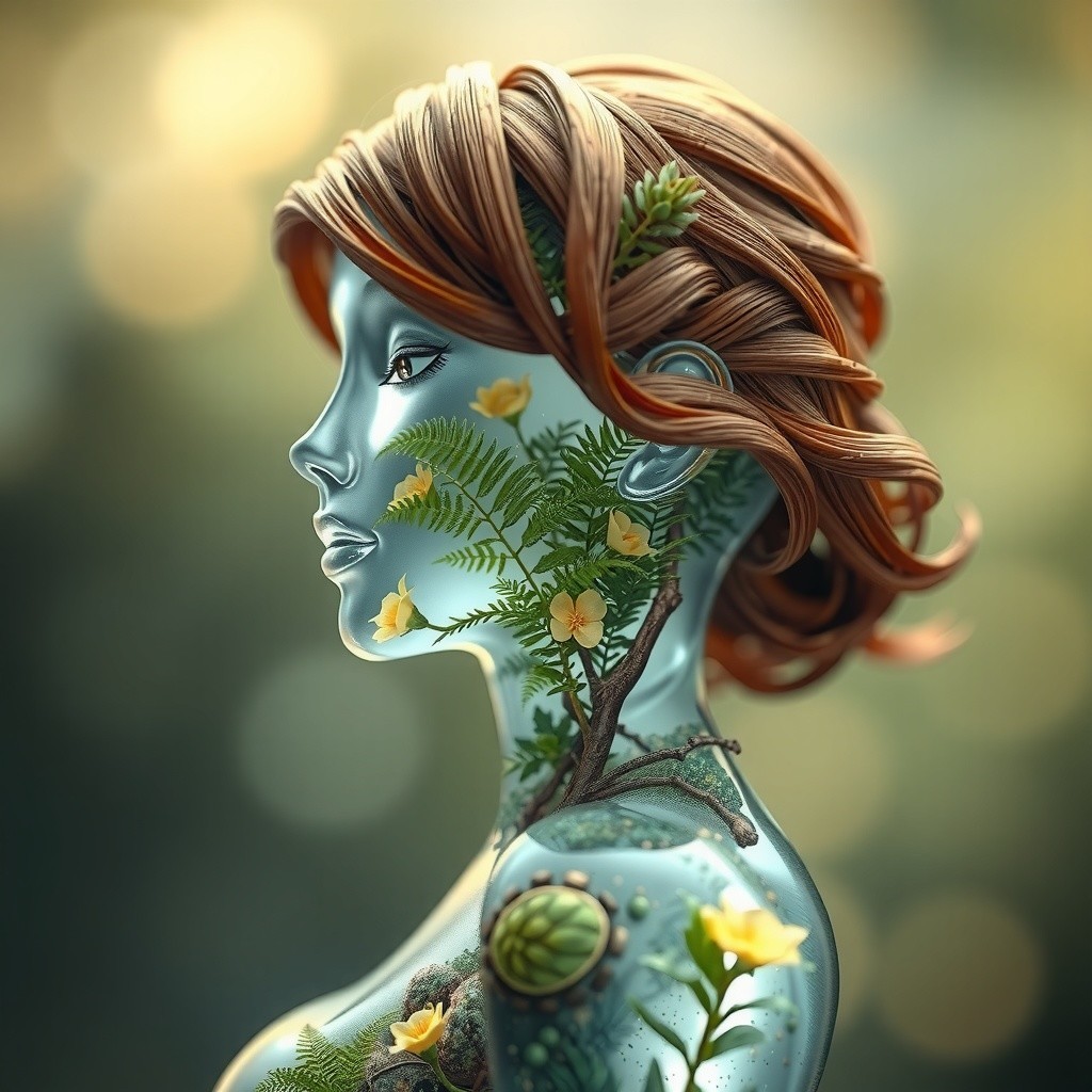 Surreal Figure with Reflective Skin and Nature Elements