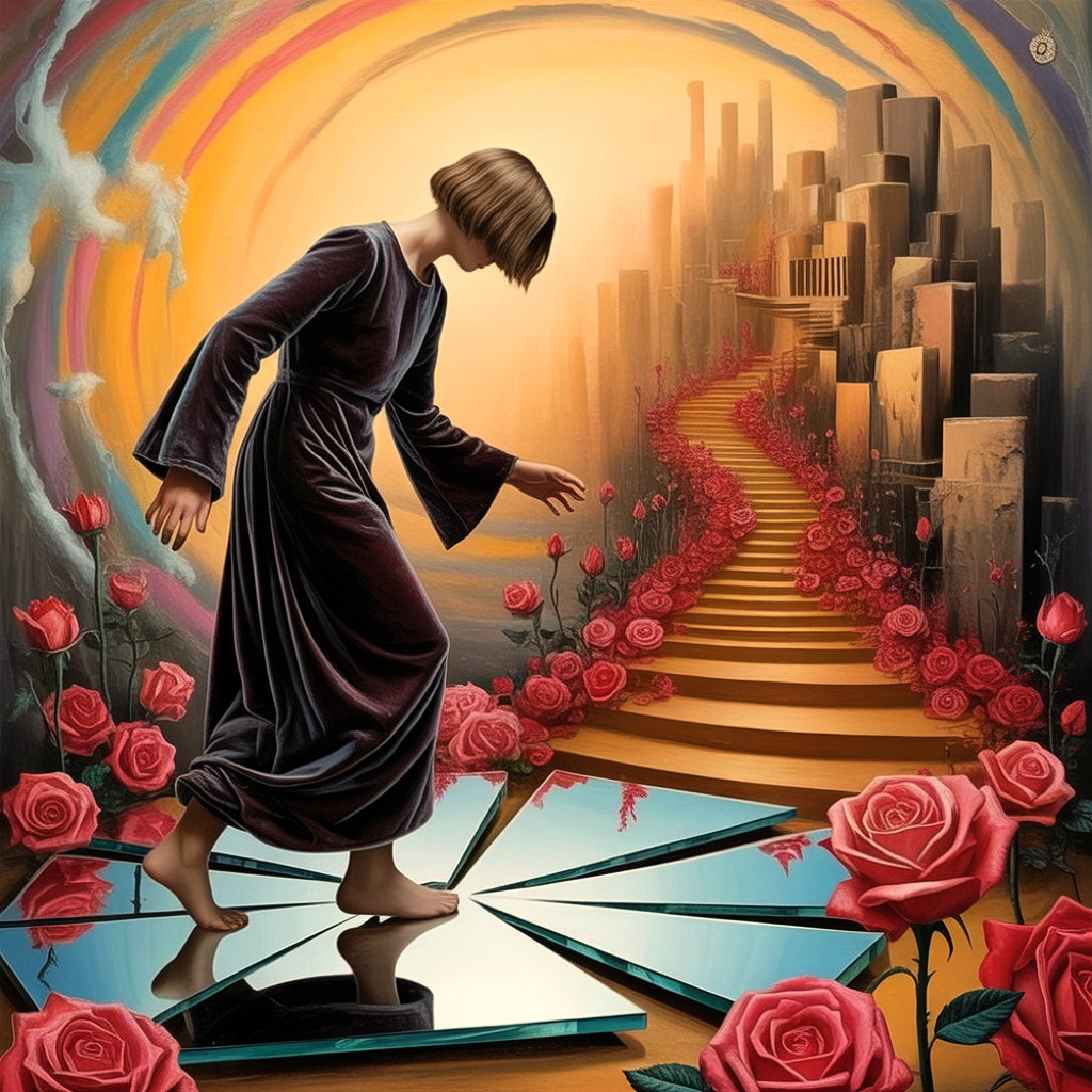 Bobbed Haircut Figure on Mirrors in Surreal Landscape