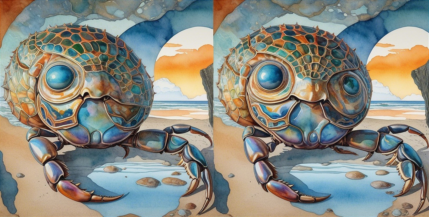 Cartoonish Crab-Turtle Creature on Sandy Beach