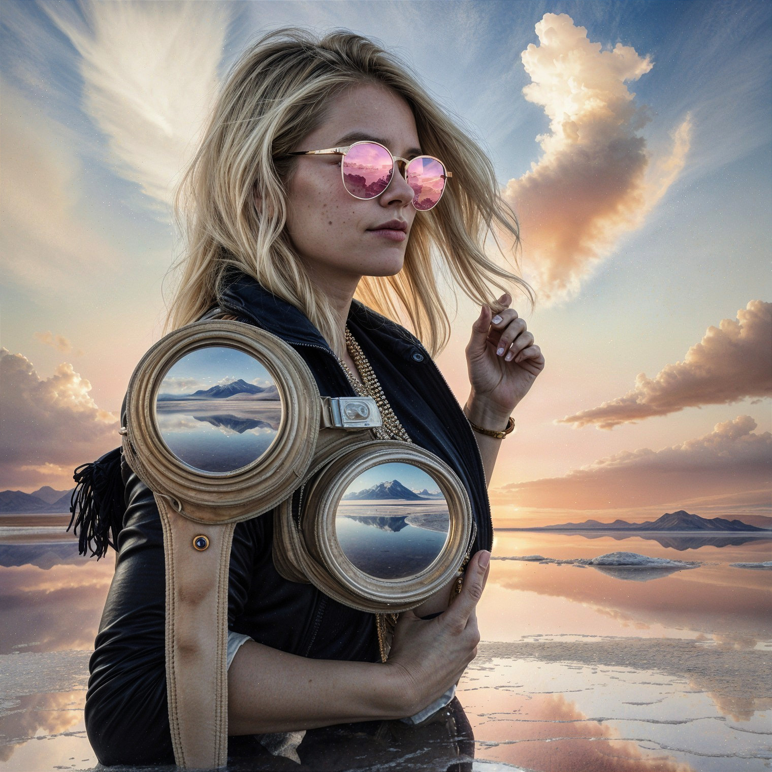 Stylish Woman with Camera at Dramatic Sunset Scene