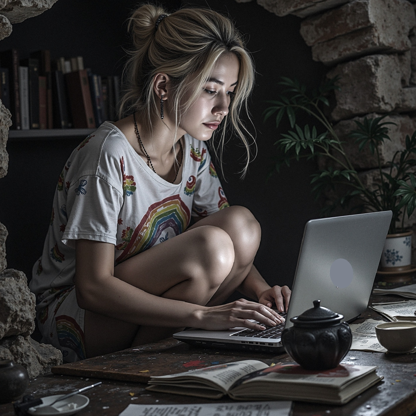 Young woman working on laptop in cozy, rustic room
