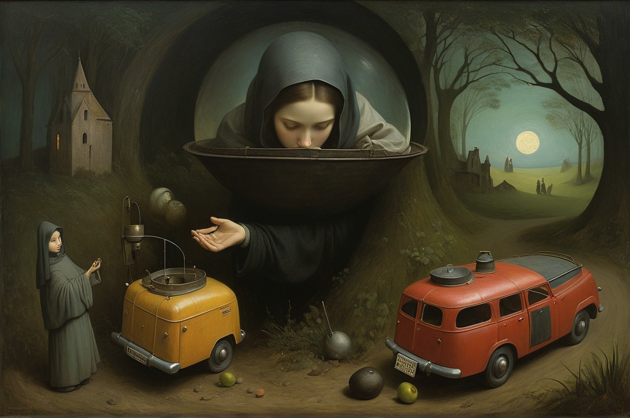 Surreal Landscape with Woman, Vintage Vehicles, and Moon