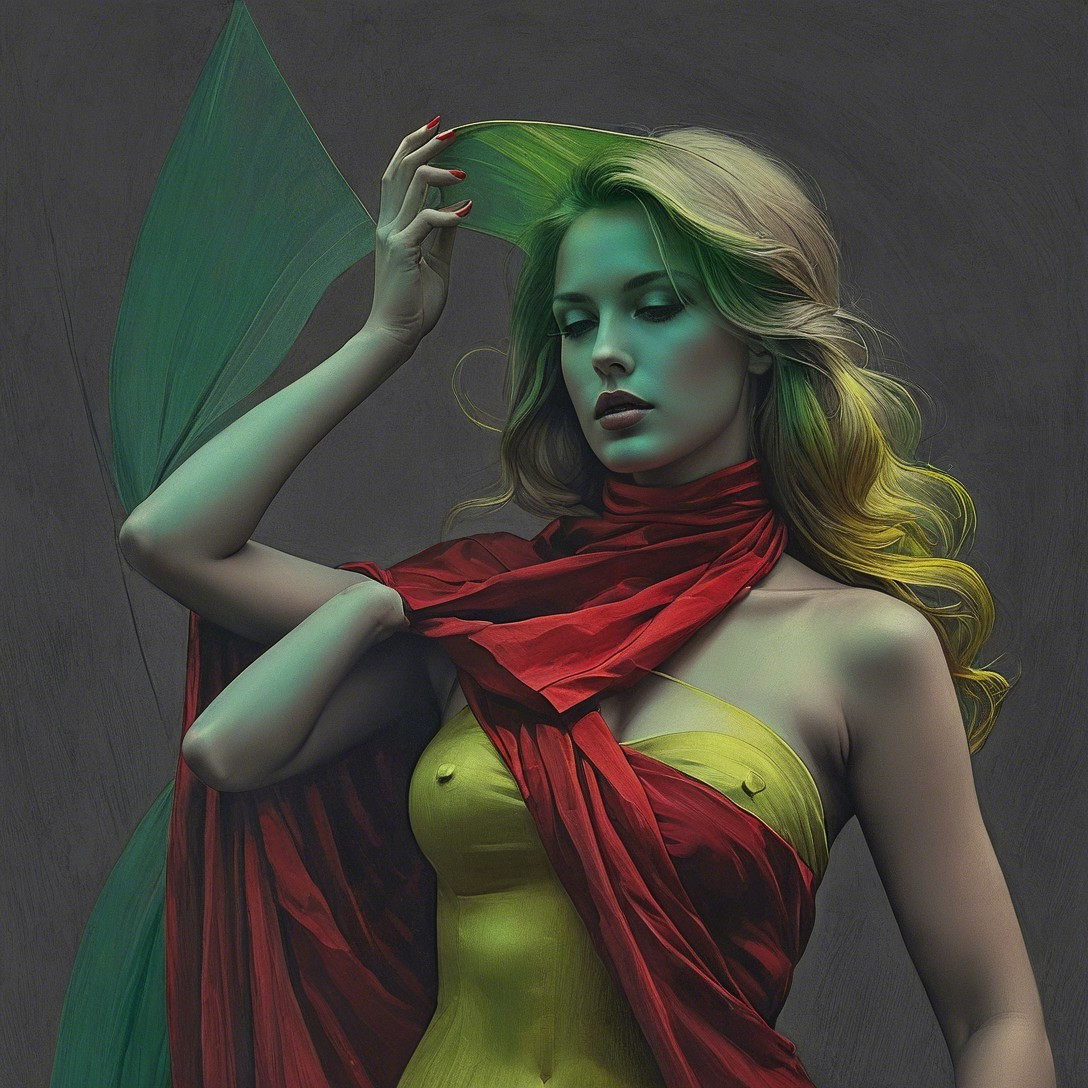 Elegant Woman in Yellow Dress with Red Scarf and Green Fabric
