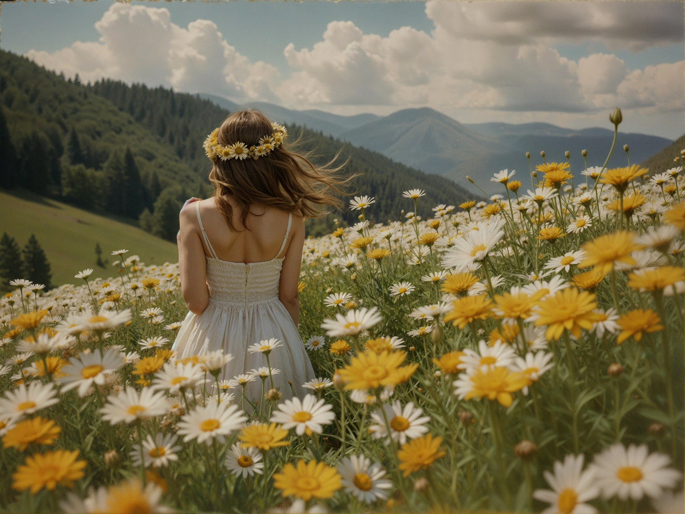 Young Woman in Wildflower Field with Scenic Background