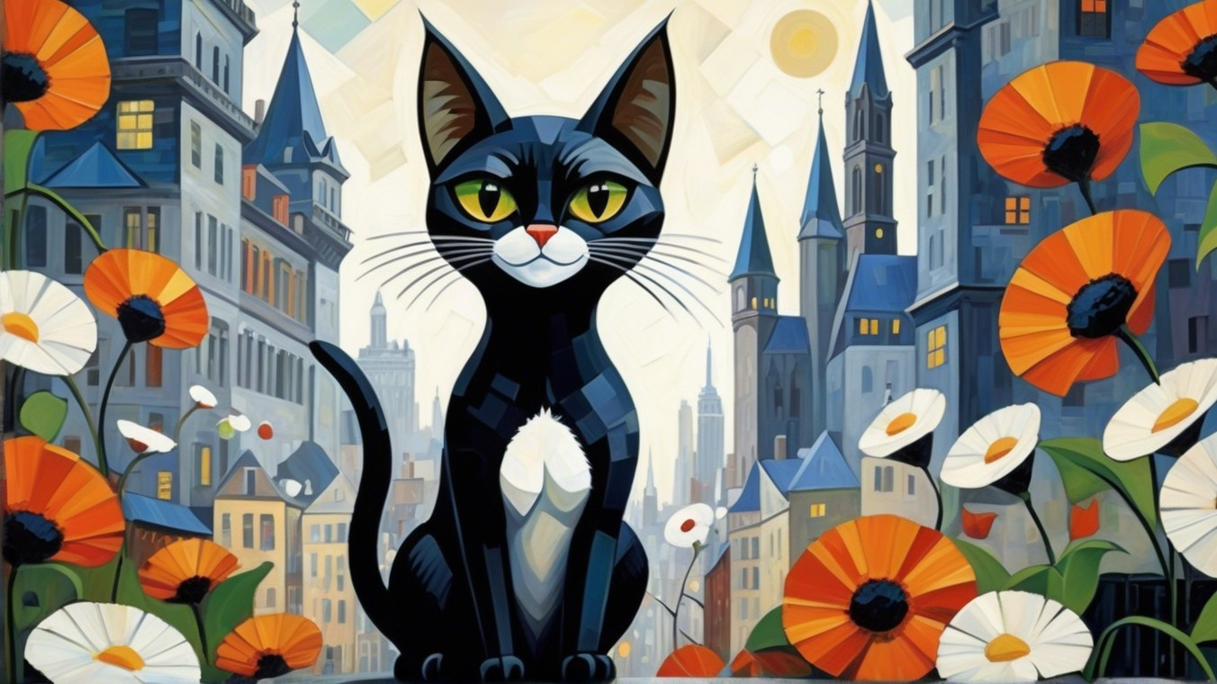 Black Cat in Urban Garden with Colorful Cityscape