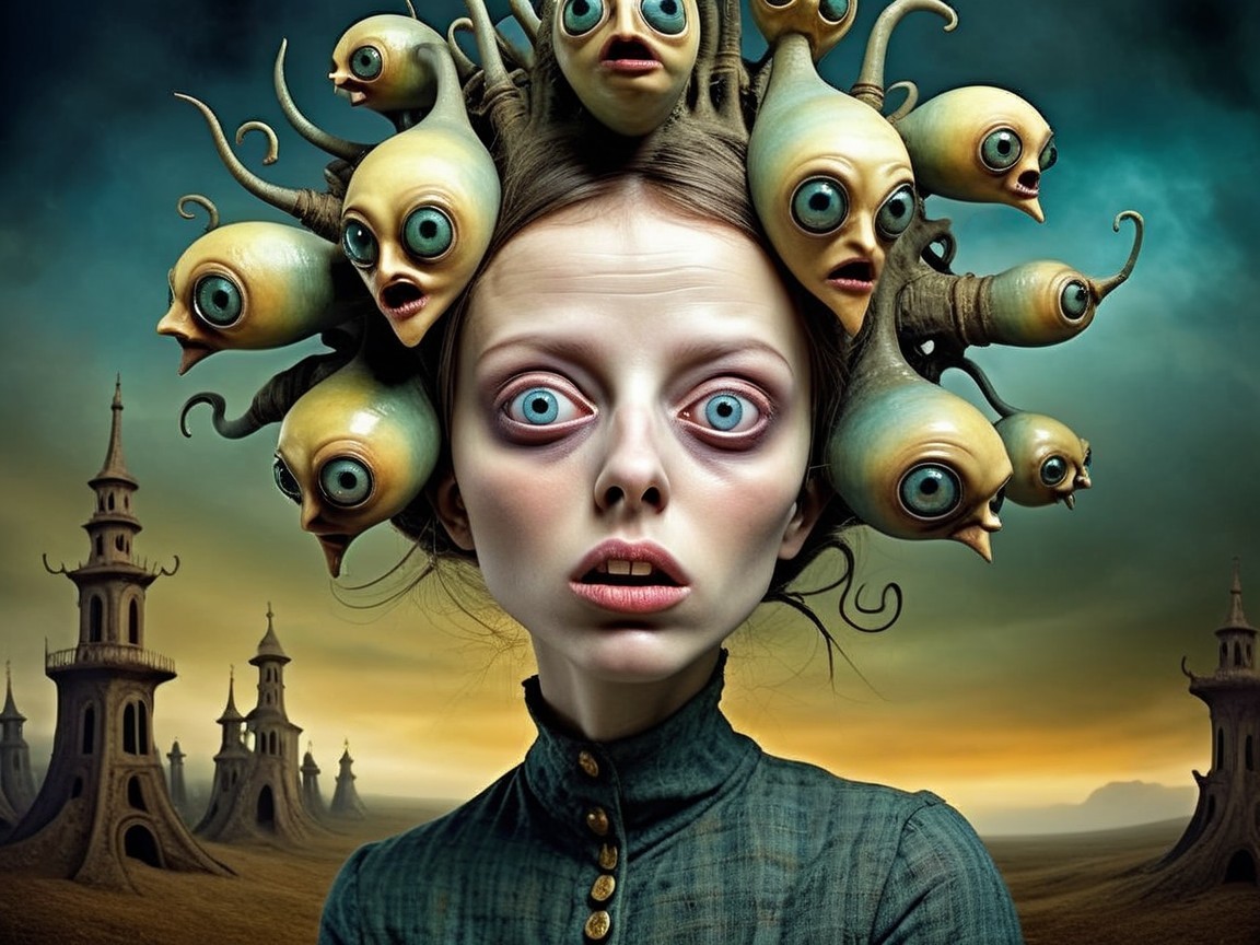 Surreal Portrait of Woman with Monstrous Hair Tendrils