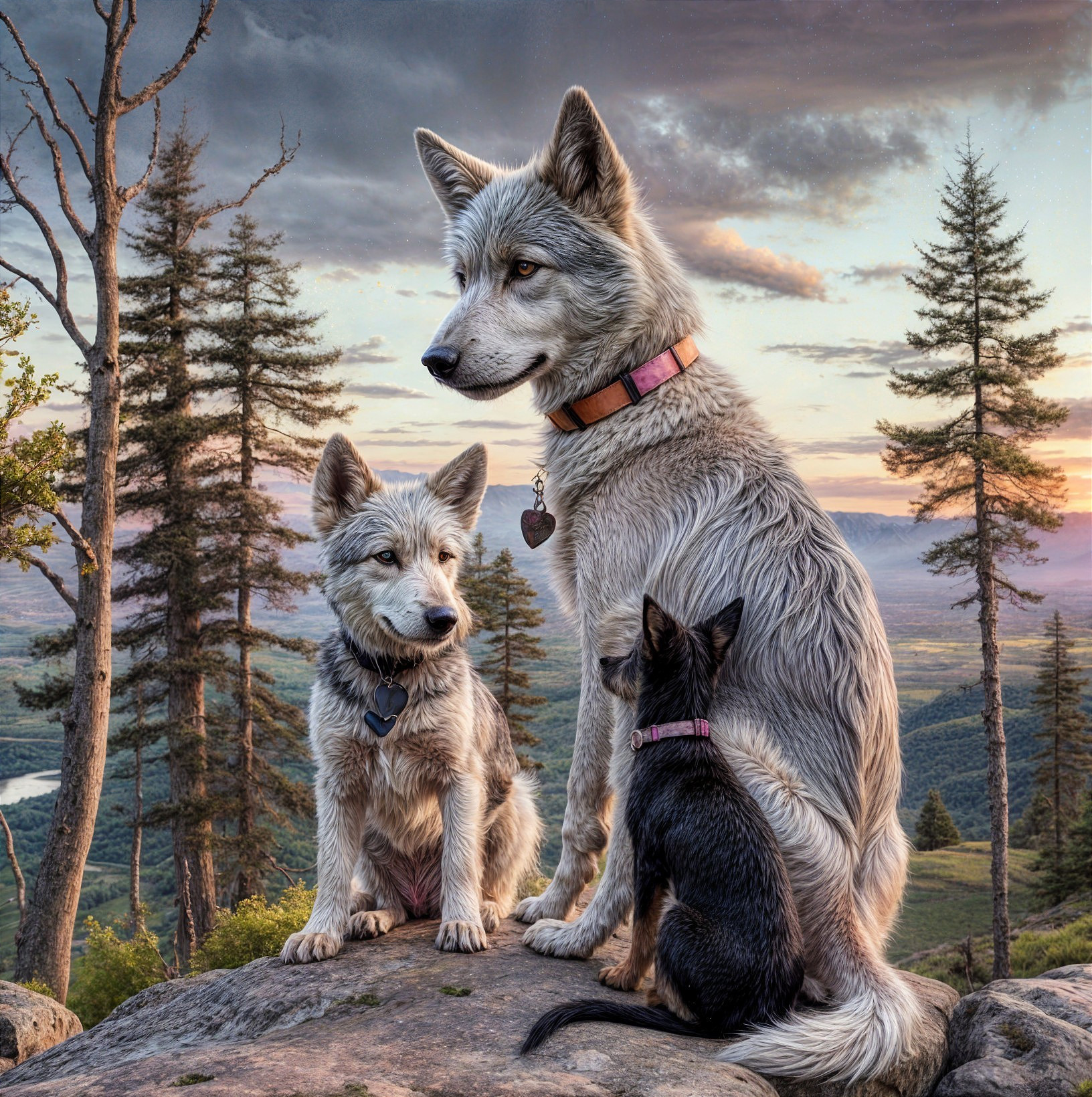 Dogs Overlooking Valley at Sunset in Serene Landscape