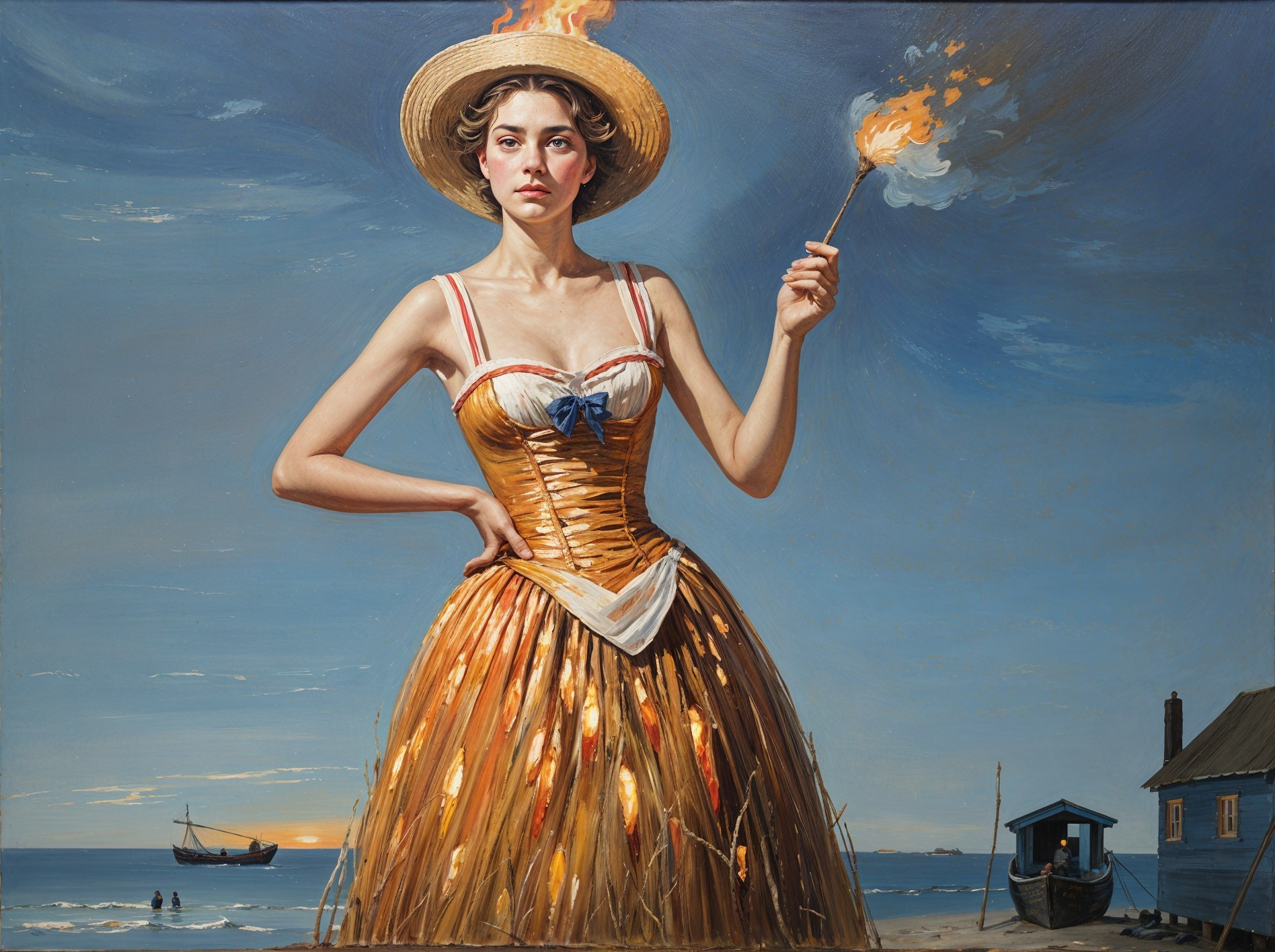 Young Woman in Golden Dress on Beach with Torch