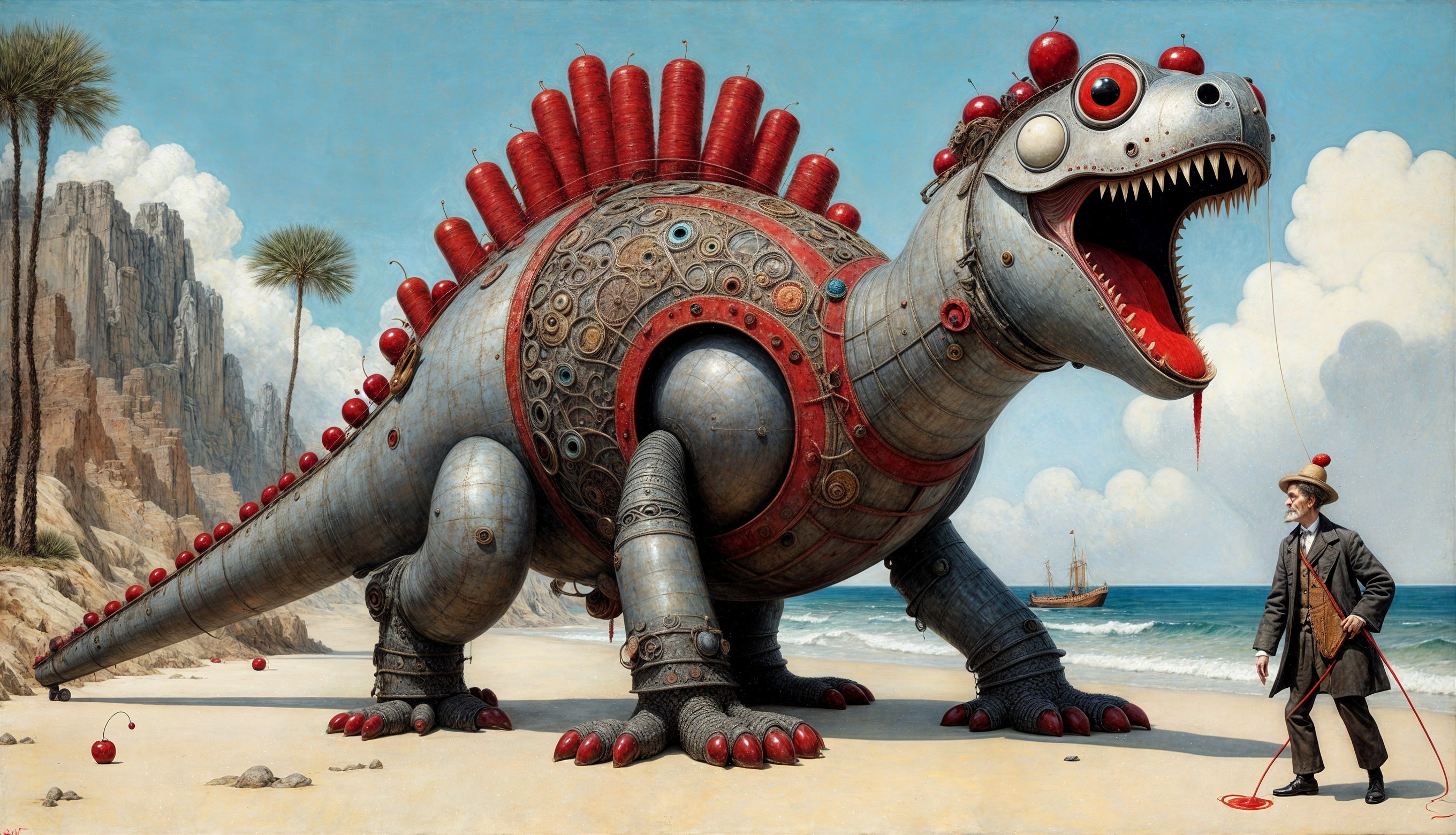Metallic Dinosaur on Beach with Vintage Attire Man