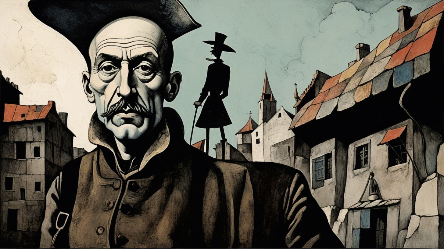 Stern Man in Dark Coat Against Urban Backdrop
