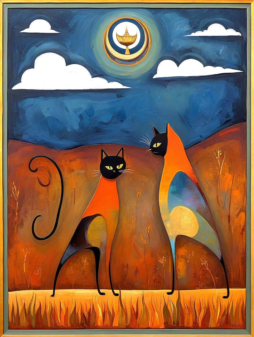 Stylized Cats in Abstract Landscape with Crescent Moon