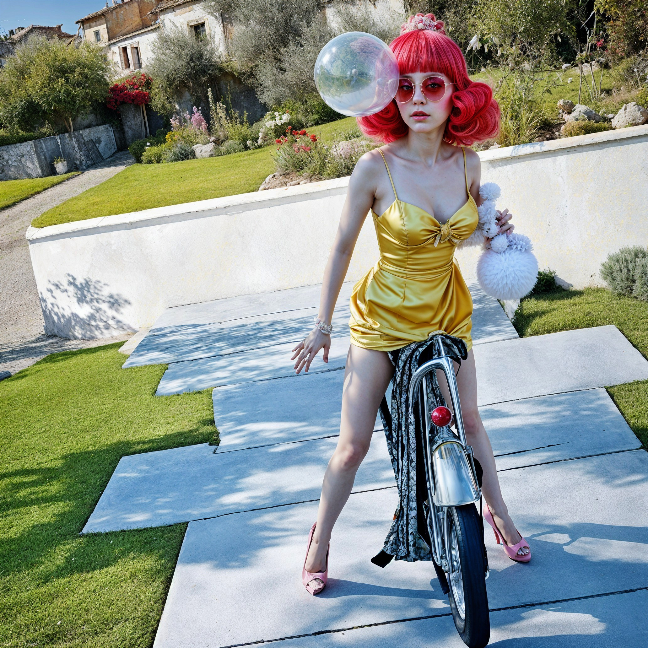 Young Woman in Yellow Dress Riding Bicycle Outdoors